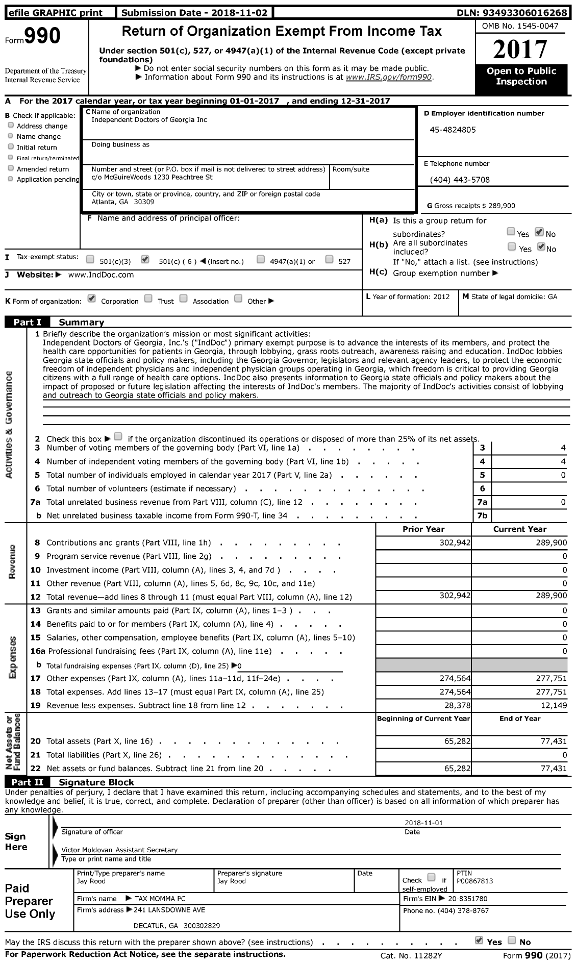 Image of first page of 2017 Form 990 for Independent Doctors of Georgia