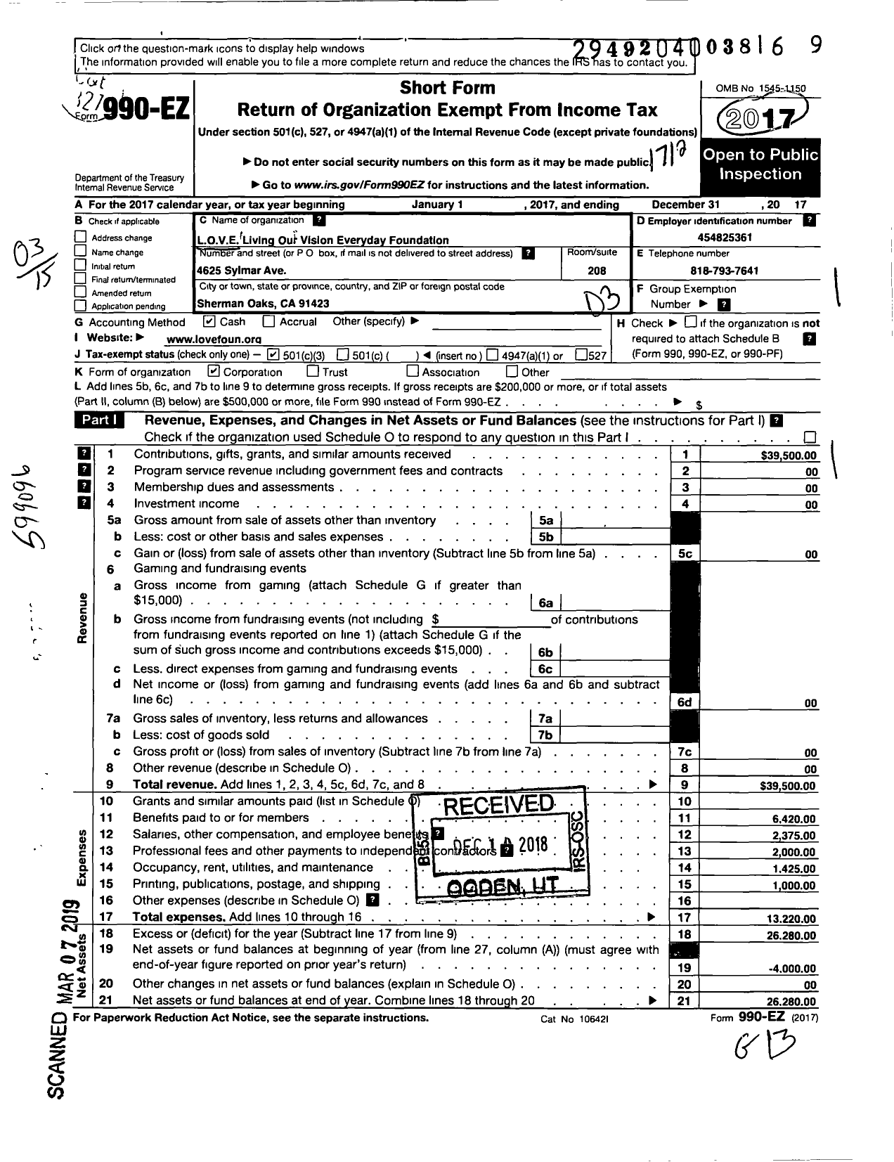 Image of first page of 2017 Form 990EZ for L O V E Living Our Vision Everyday Foundation