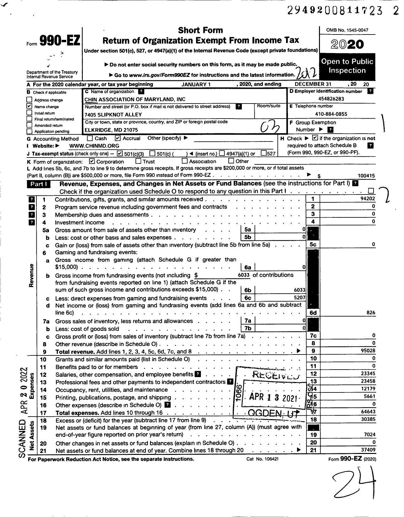 Image of first page of 2020 Form 990EZ for Chin Association of Maryland Incorporated