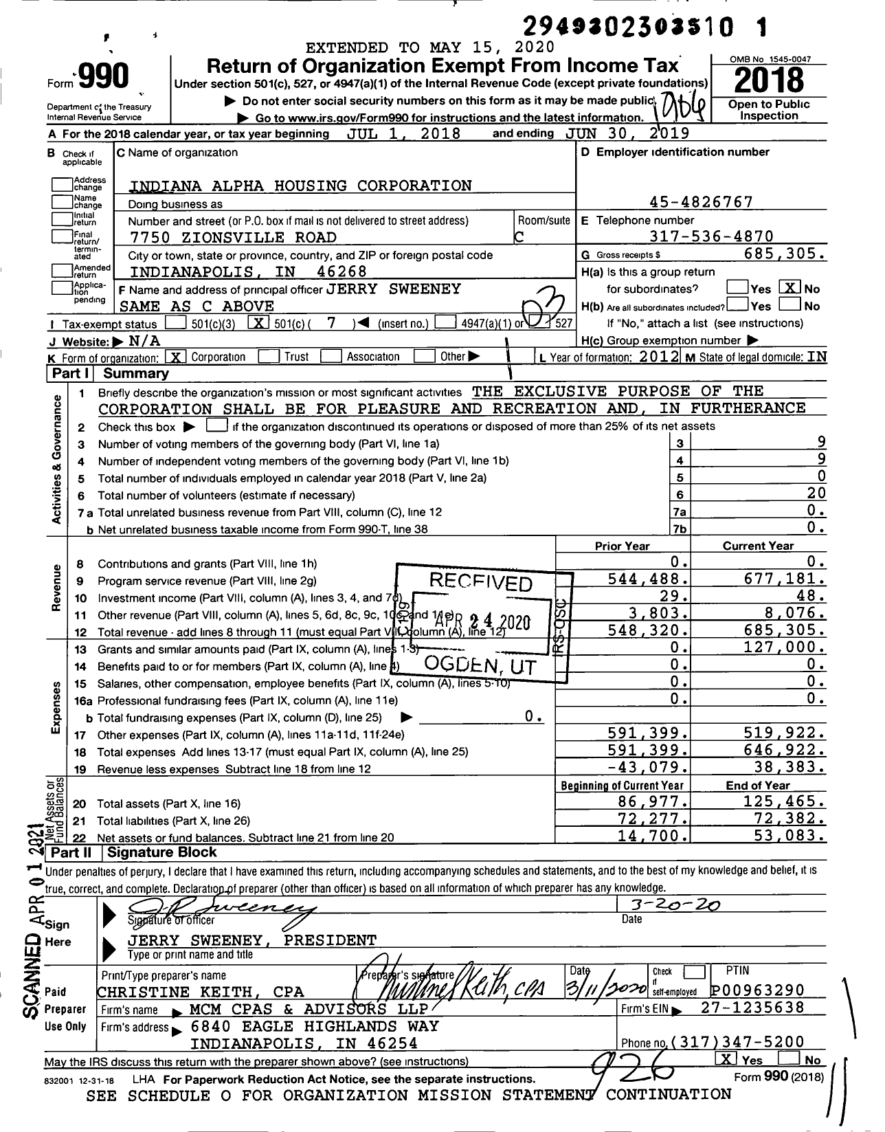 Image of first page of 2018 Form 990 for Indiana Alpha Housing Corporation