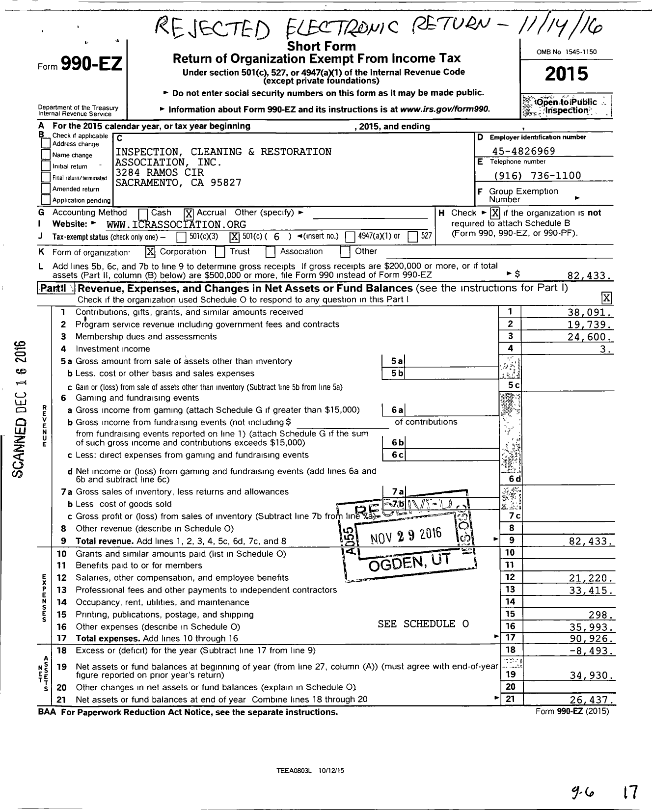 Image of first page of 2015 Form 990EO for Inspection Cleaning and Restoration Association