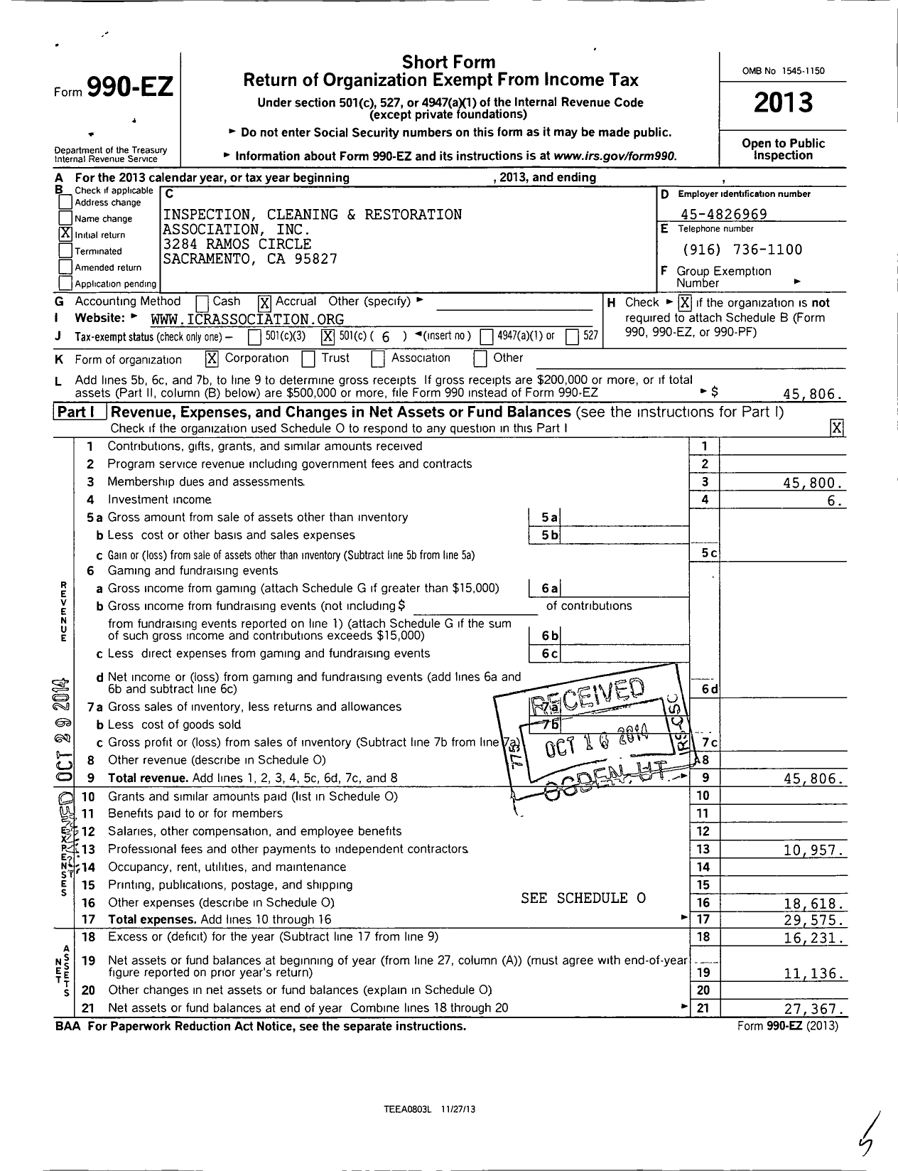 Image of first page of 2013 Form 990EO for Inspection Cleaning and Restoration Association