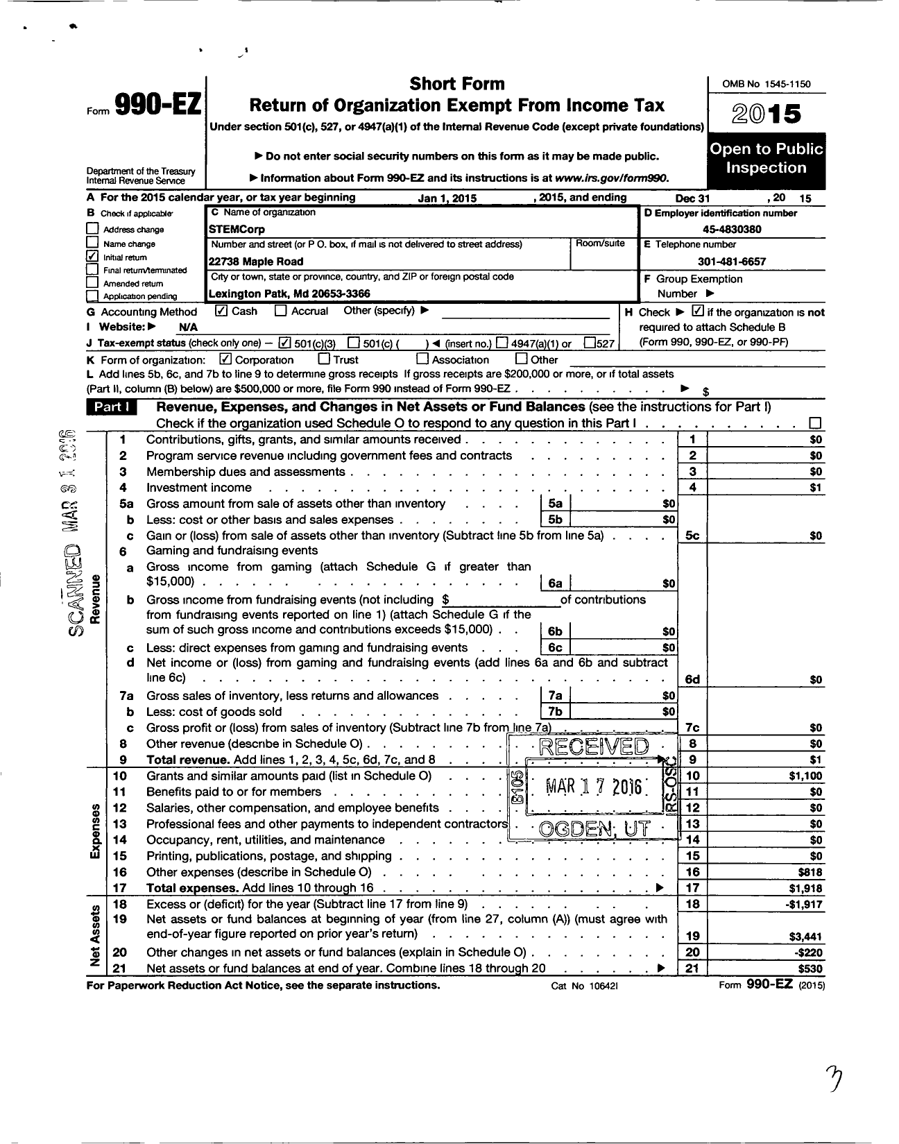 Image of first page of 2015 Form 990EZ for Stemcorp