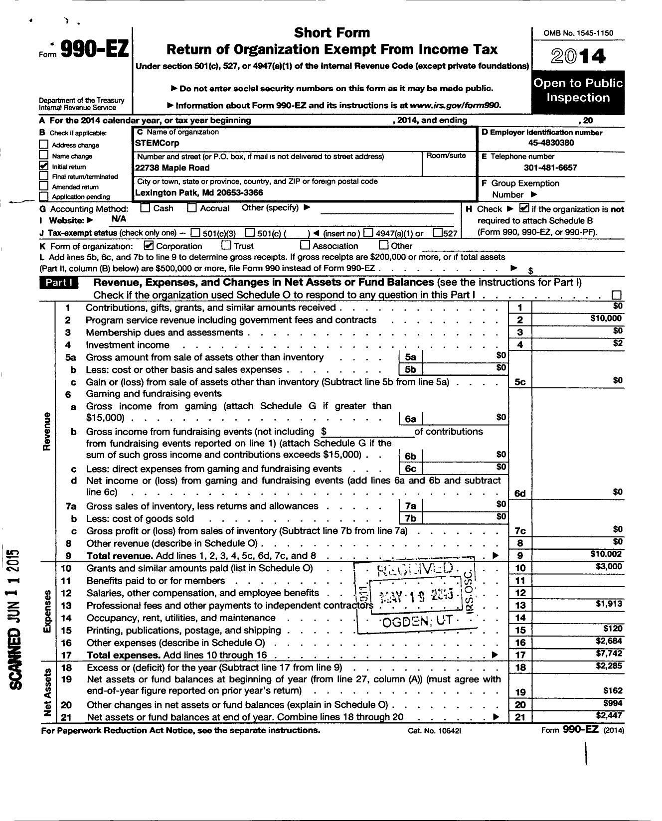 Image of first page of 2014 Form 990EO for Stemcorp