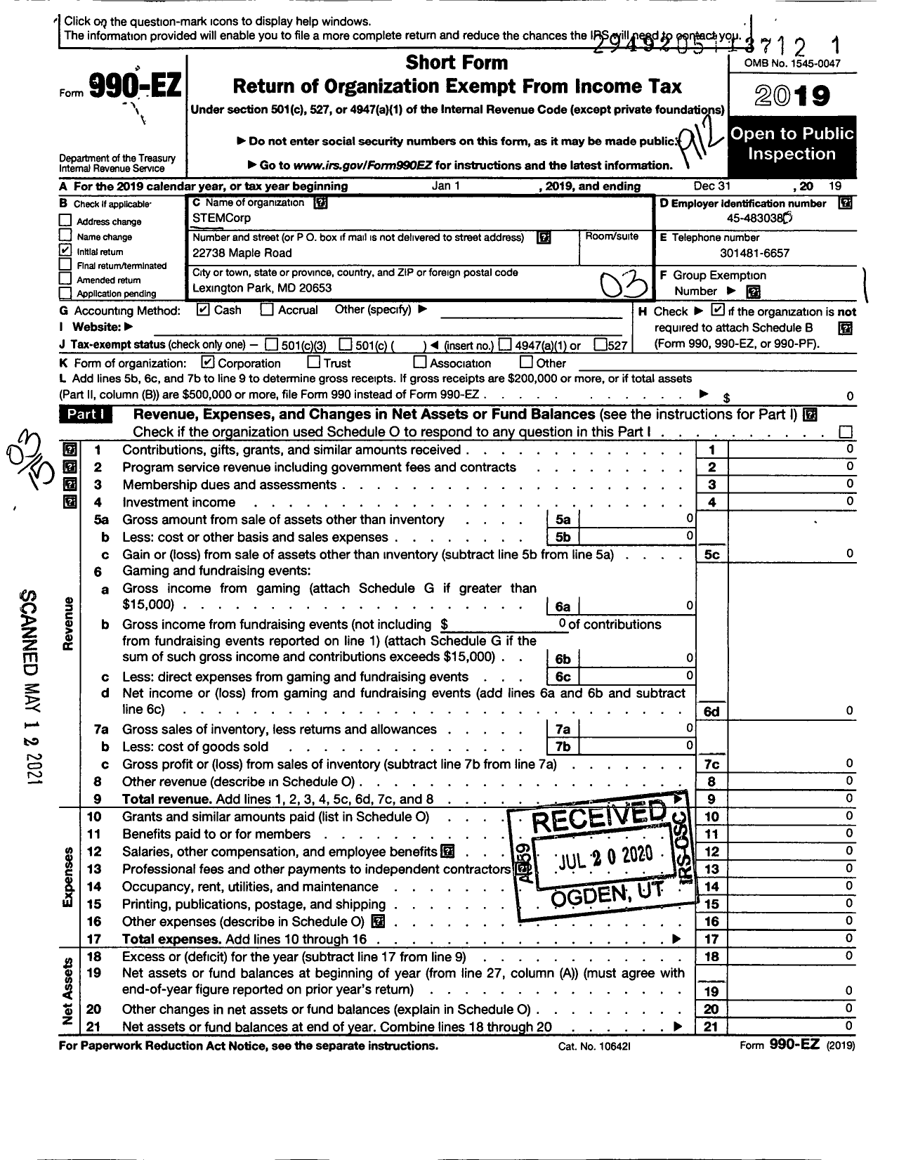 Image of first page of 2019 Form 990EZ for Stemcorp