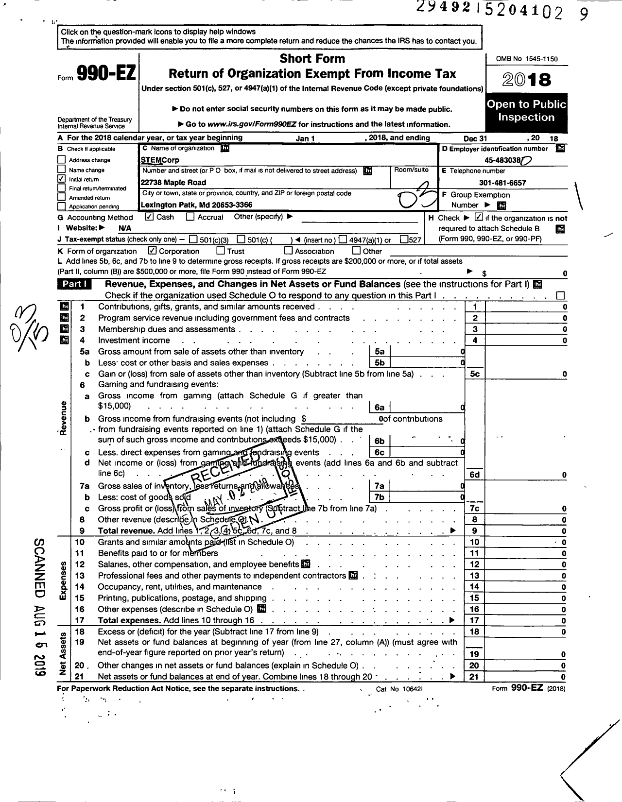 Image of first page of 2018 Form 990EZ for Stemcorp