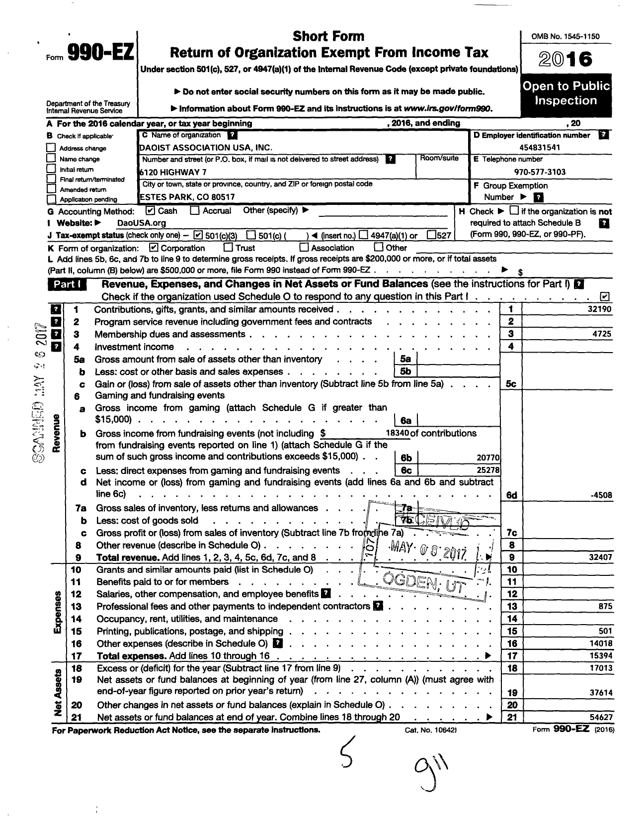 Image of first page of 2016 Form 990EZ for Daoist Association USA