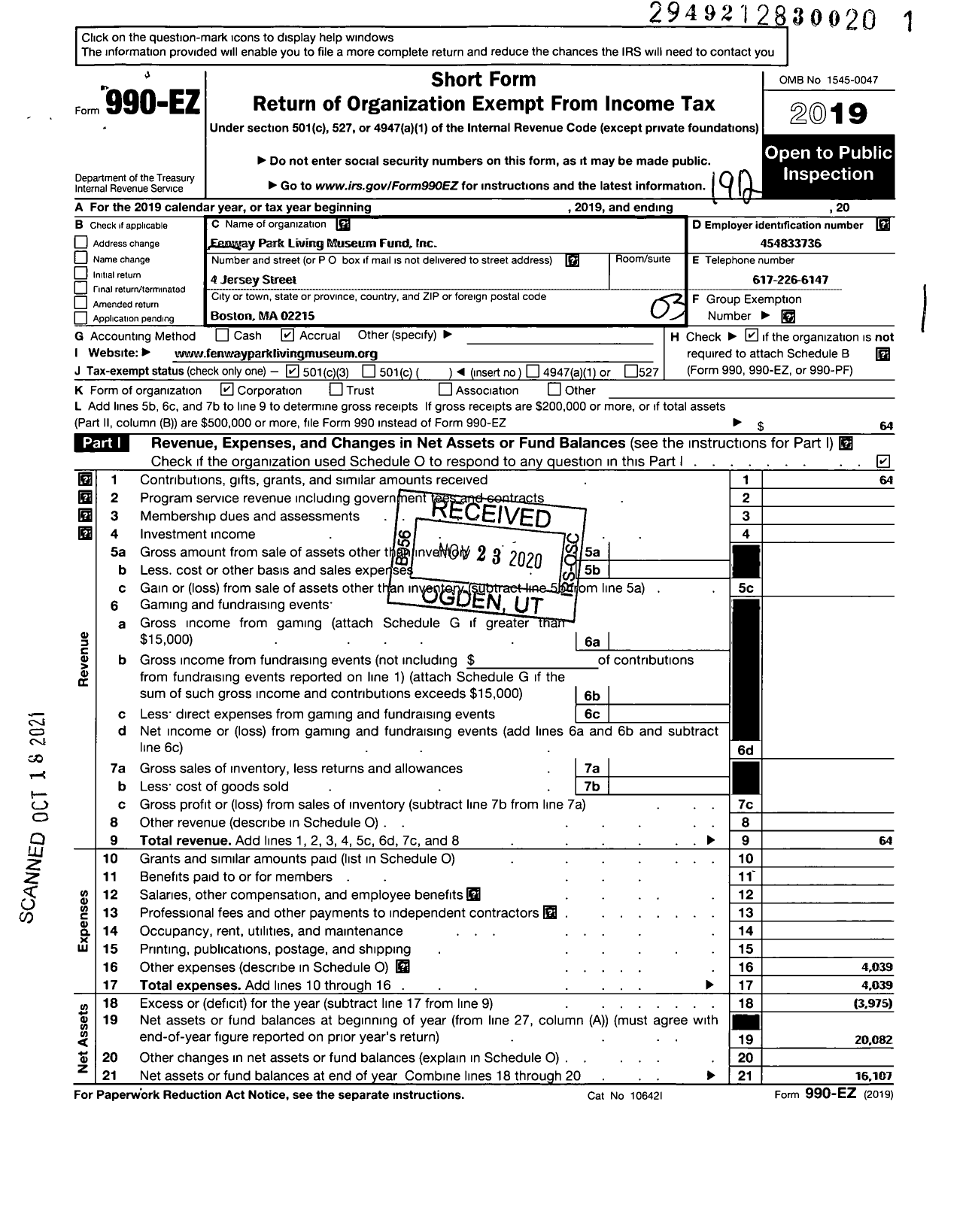 Image of first page of 2019 Form 990EZ for Fenway Park Living Museum Fund