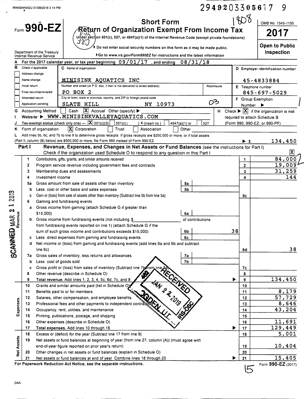 Image of first page of 2017 Form 990EZ for Minisink Aquatics