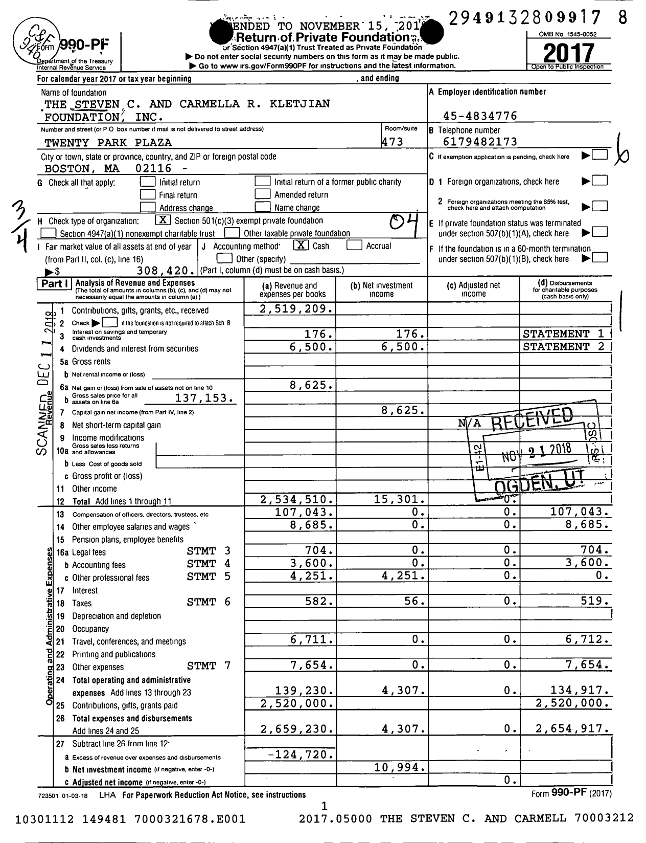 Image of first page of 2017 Form 990PF for The Steven C and Carmella R Kletjian Foundation