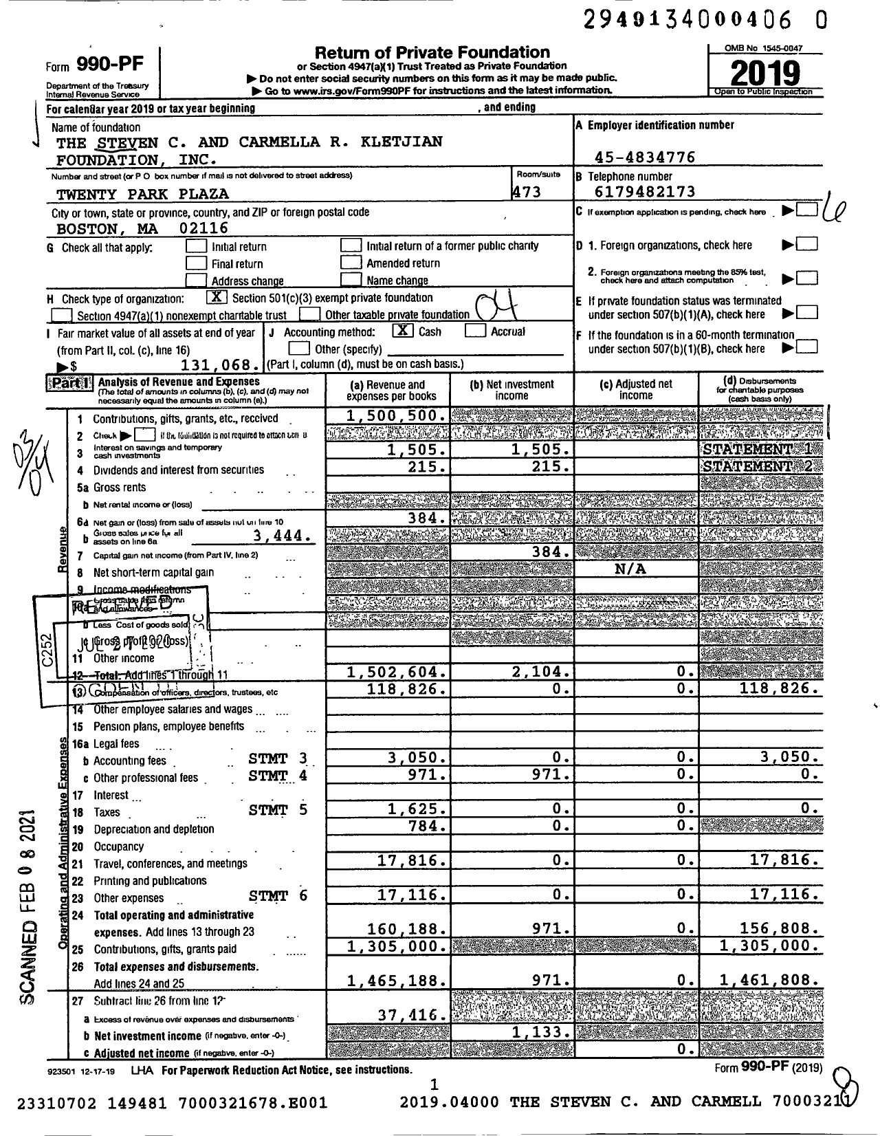 Image of first page of 2019 Form 990PF for The Steven C and Carmella R Kletjian Foundation