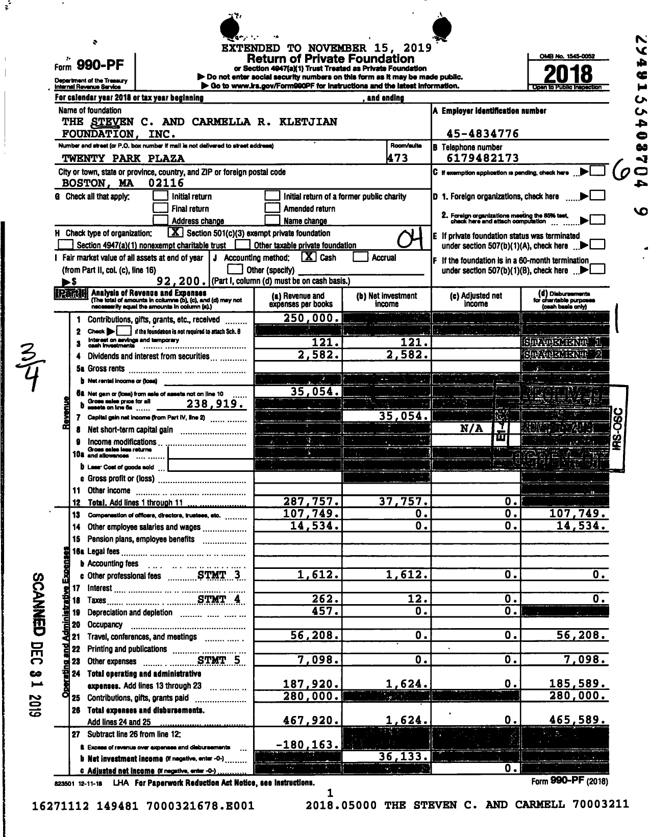 Image of first page of 2018 Form 990PF for The Steven C and Carmella R Kletjian Foundation