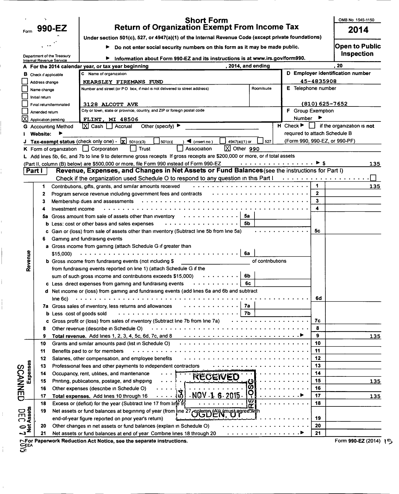 Image of first page of 2014 Form 990EZ for Kearsley Firemans Fund