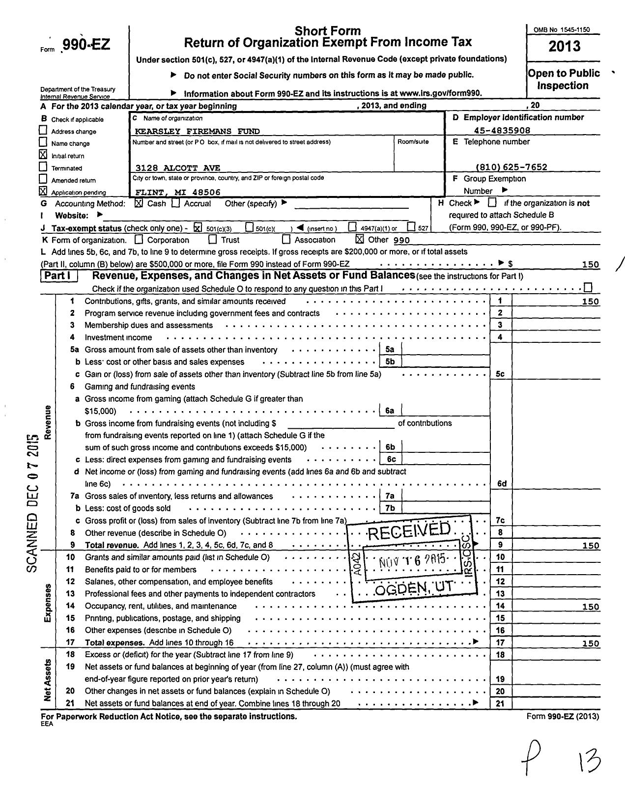 Image of first page of 2013 Form 990EZ for Kearsley Firemans Fund