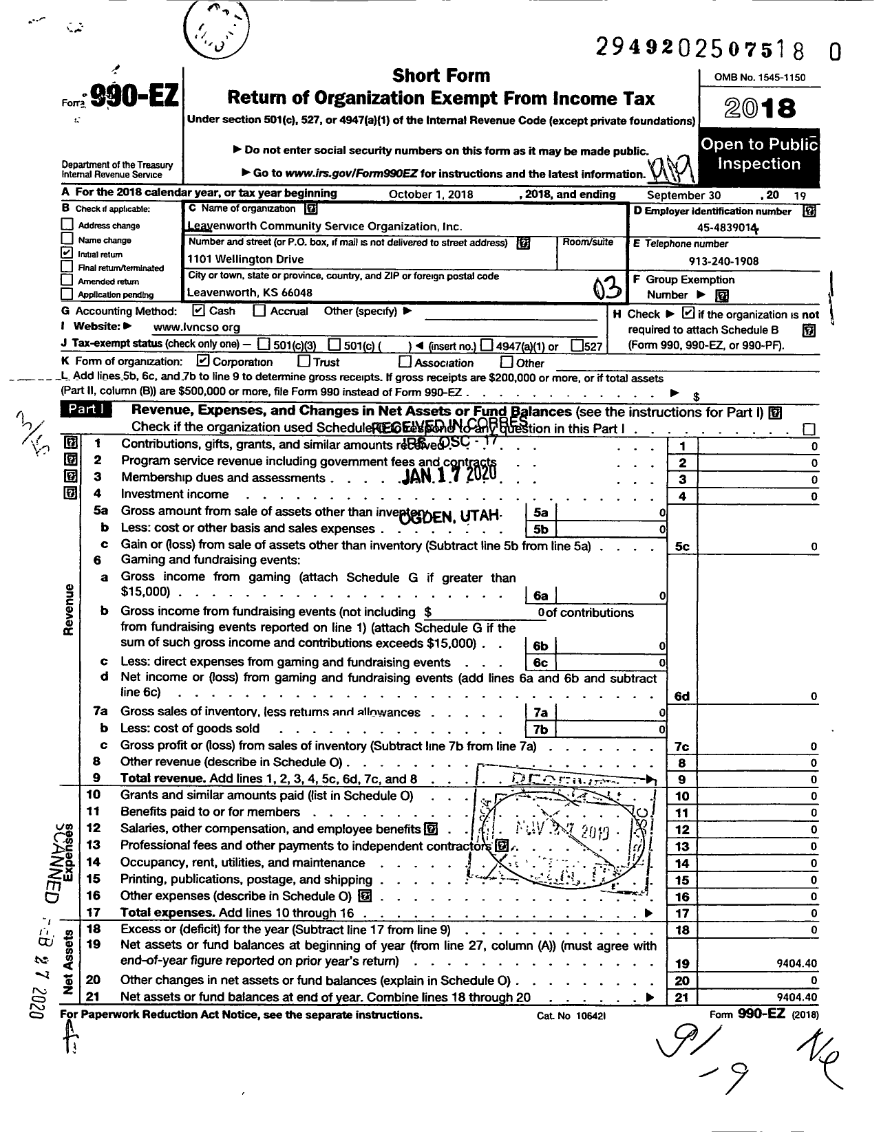 Image of first page of 2018 Form 990EZ for Leavenworth Community Service Organization