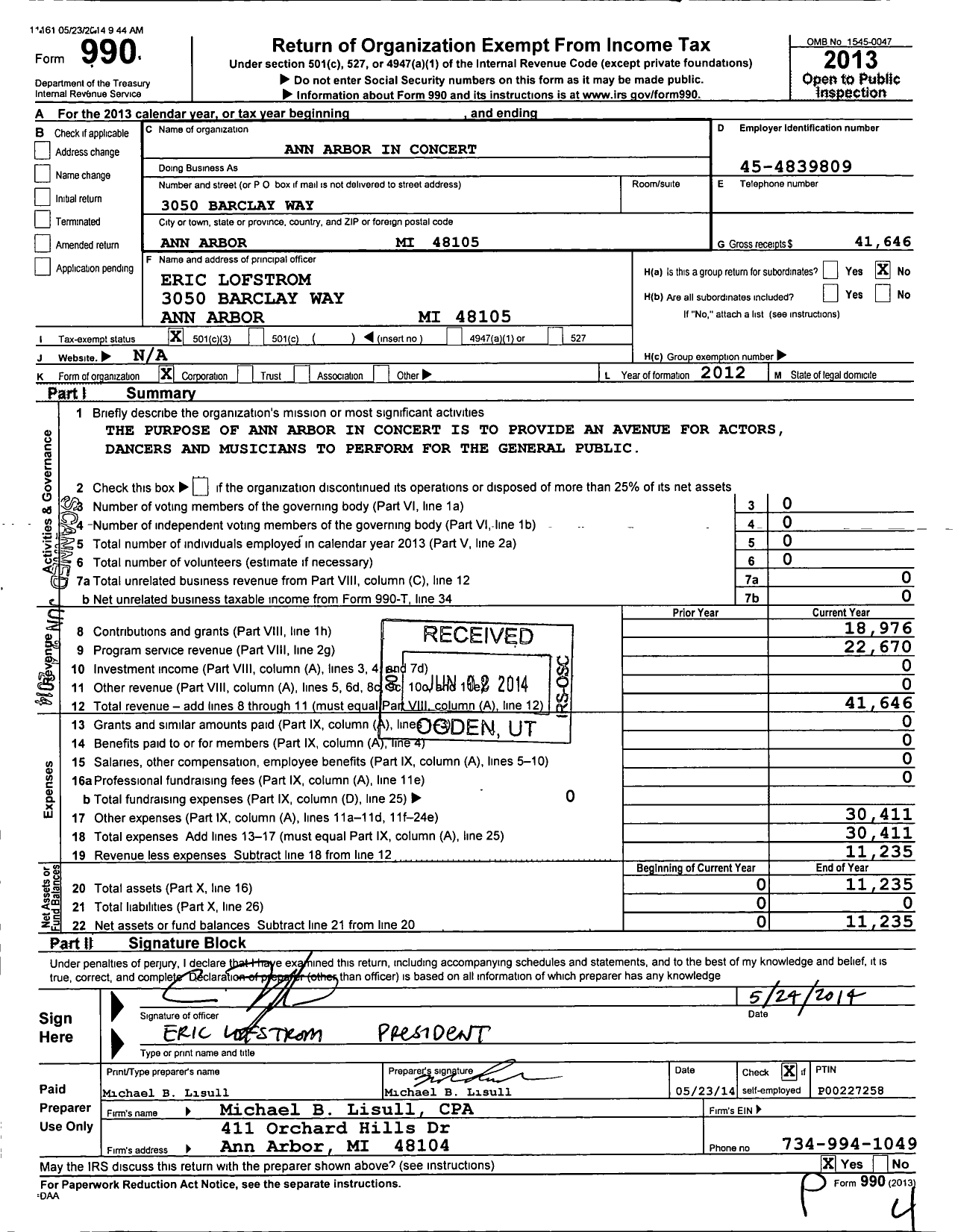 Image of first page of 2013 Form 990 for Ann Arbor in Concert