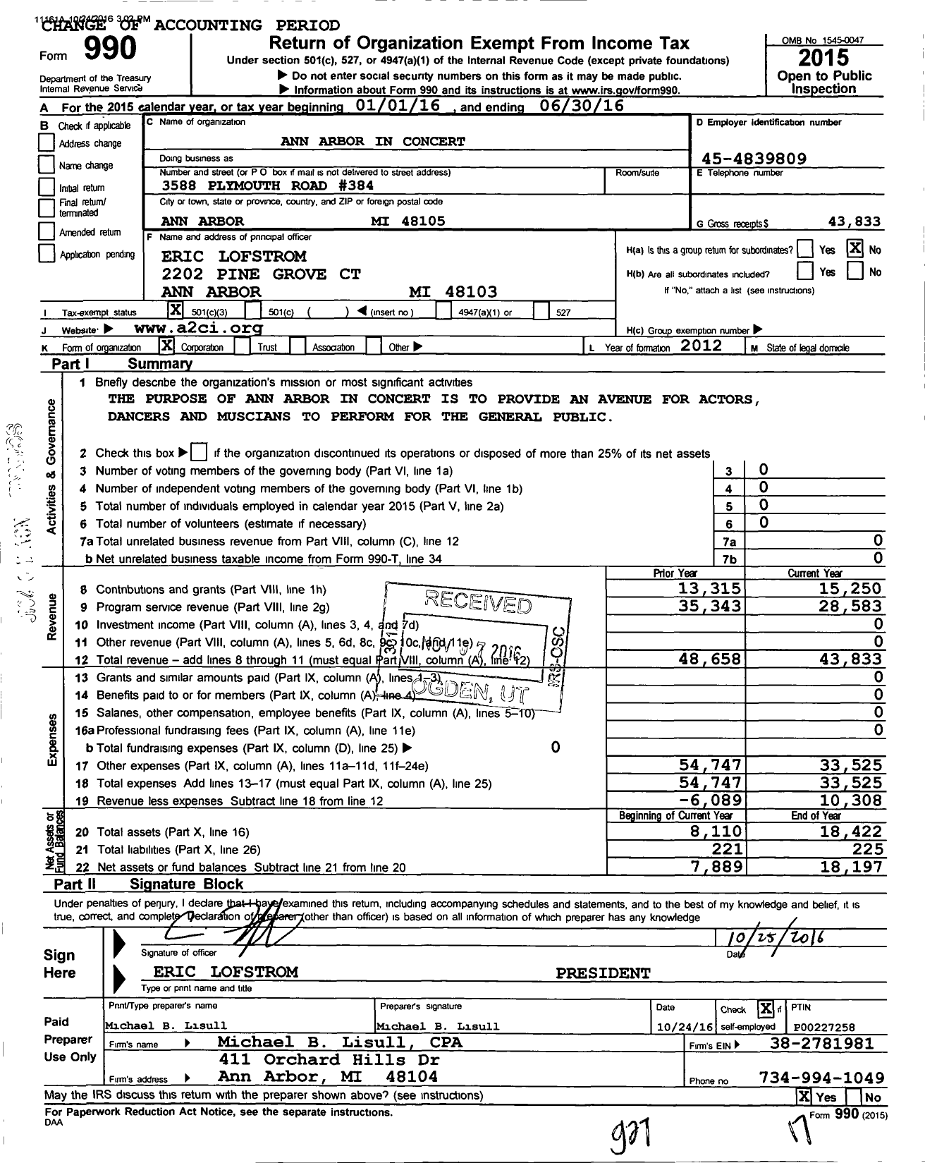 Image of first page of 2015 Form 990 for Ann Arbor in Concert