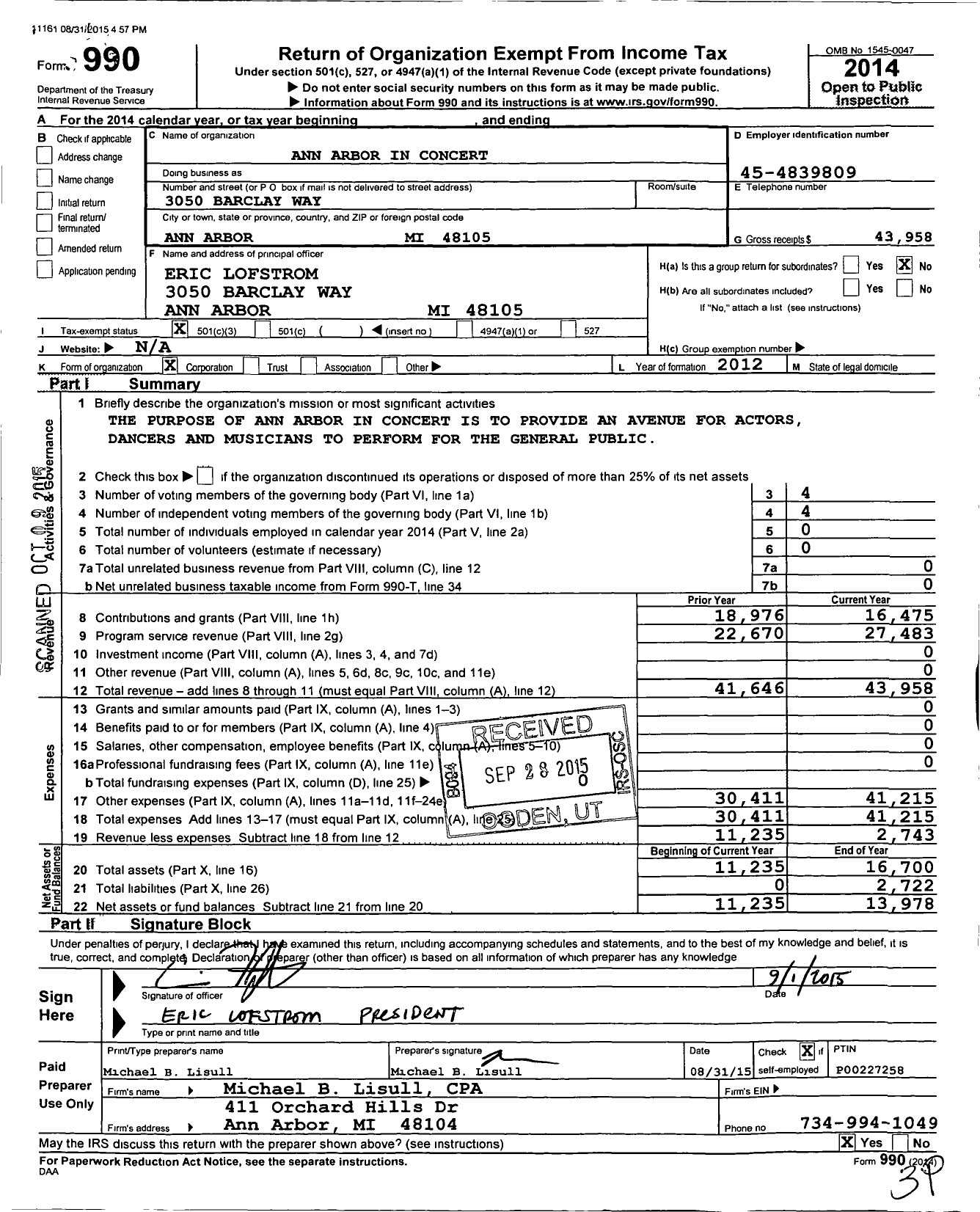 Image of first page of 2014 Form 990 for Ann Arbor in Concert