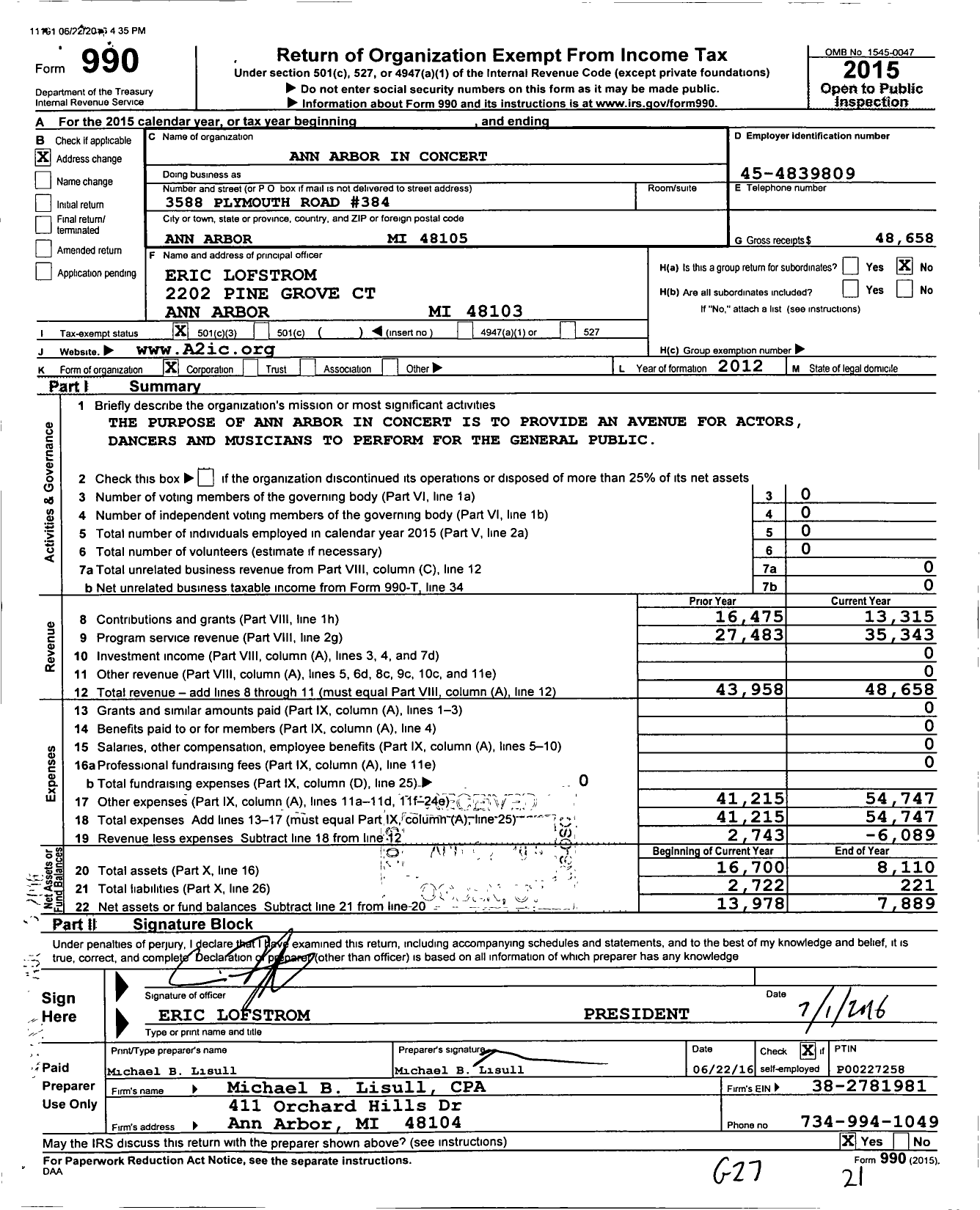 Image of first page of 2015 Form 990 for Ann Arbor in Concert