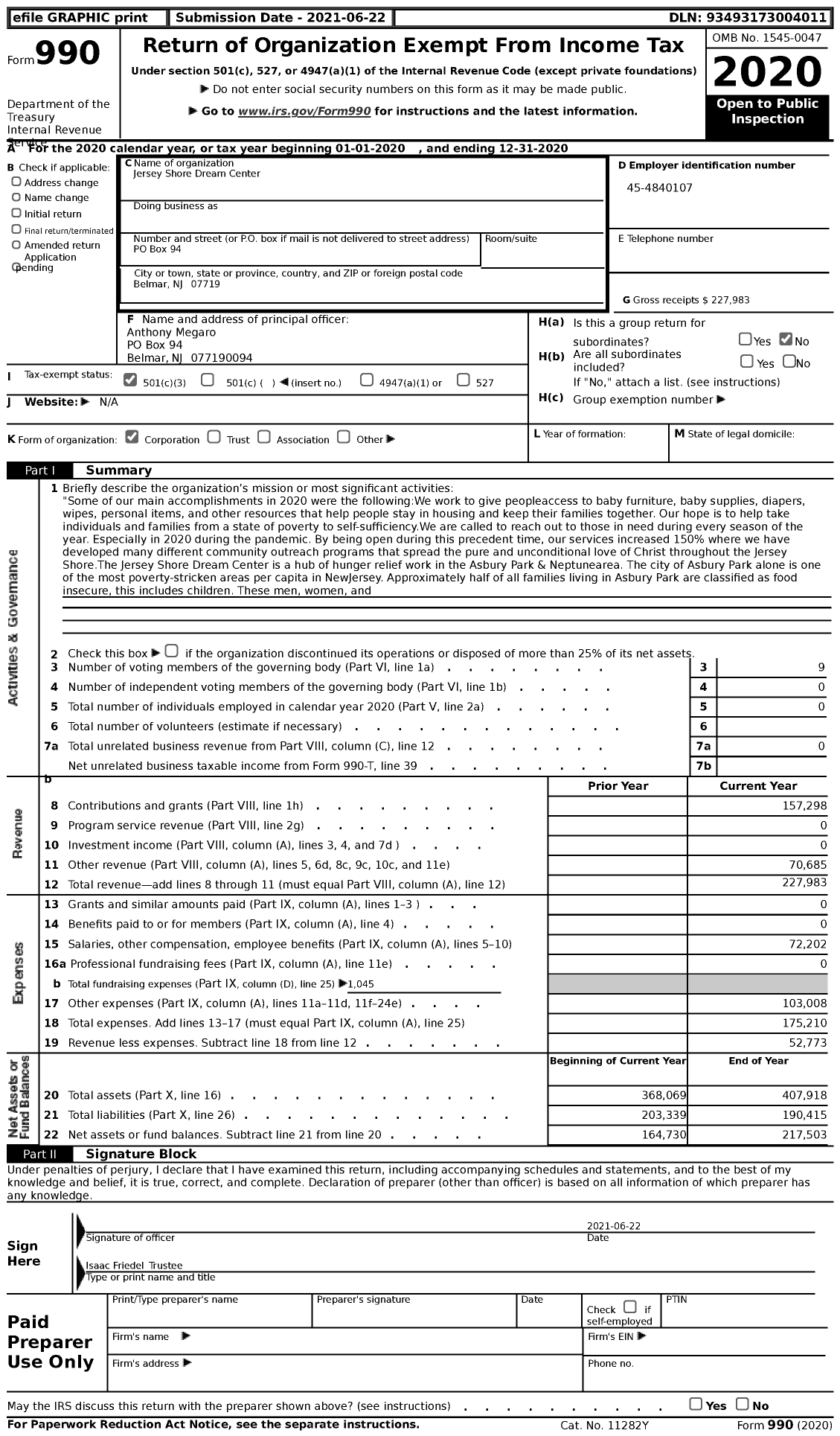 Image of first page of 2020 Form 990 for Jersey Shore DreamCenter Center