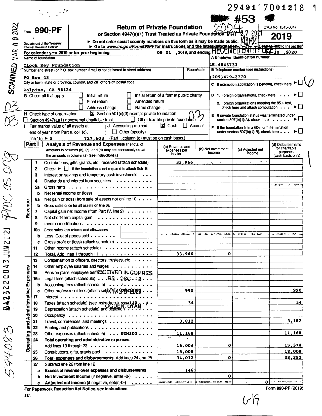 Image of first page of 2019 Form 990PF for Clock Key Foundation