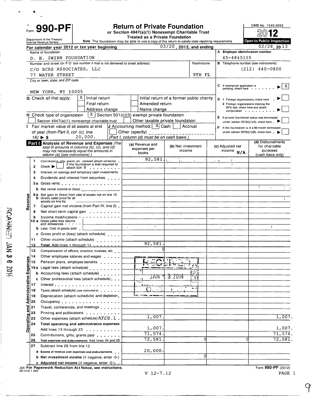 Image of first page of 2012 Form 990PF for D B Zwirn Foundation
