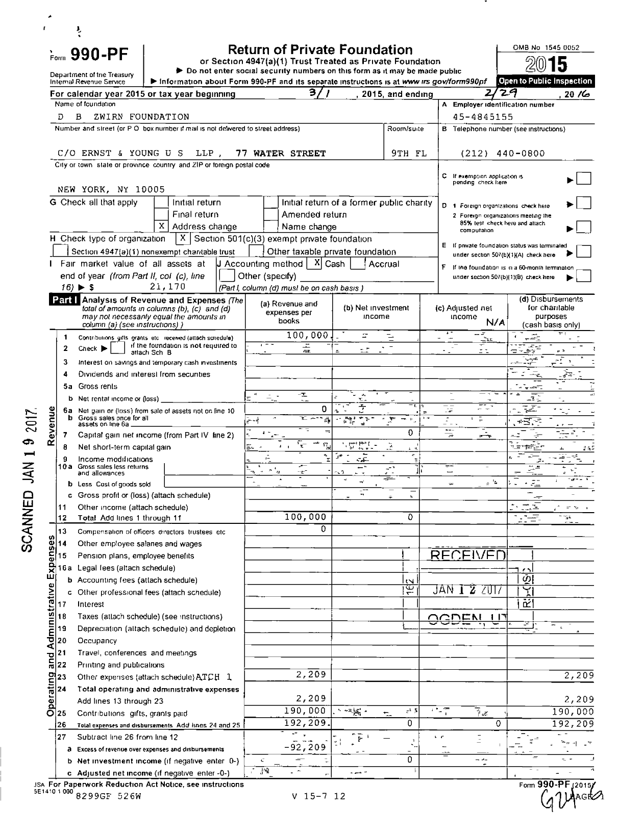 Image of first page of 2015 Form 990PF for D B Zwirn Foundation