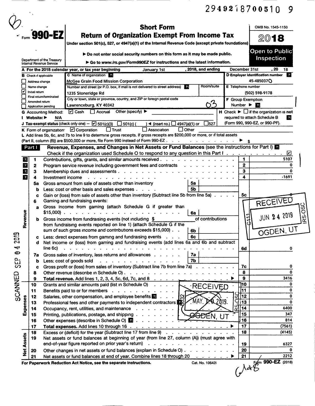 Image of first page of 2018 Form 990EZ for Mcgee Grain Food Mission