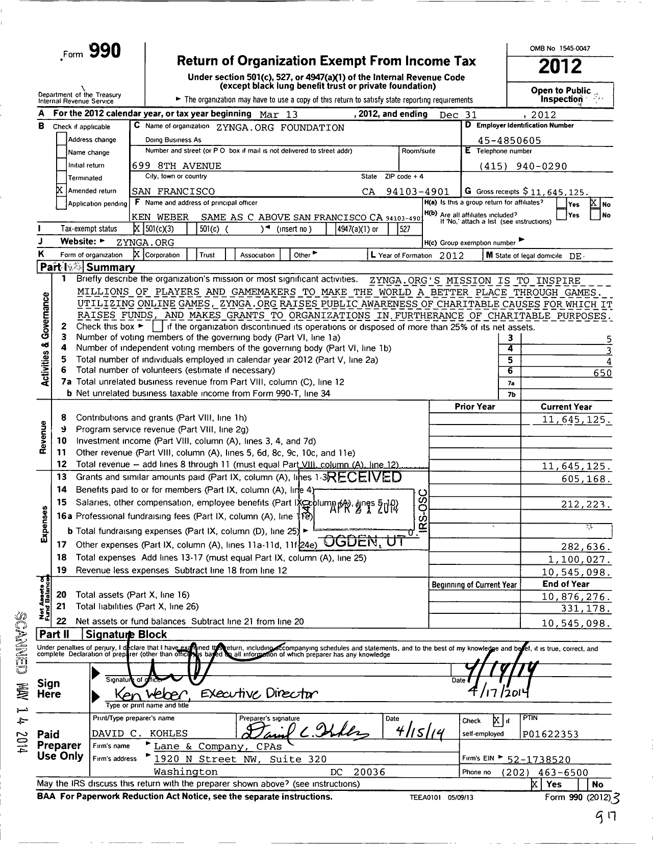 Image of first page of 2012 Form 990 for Zynga Org Foundation