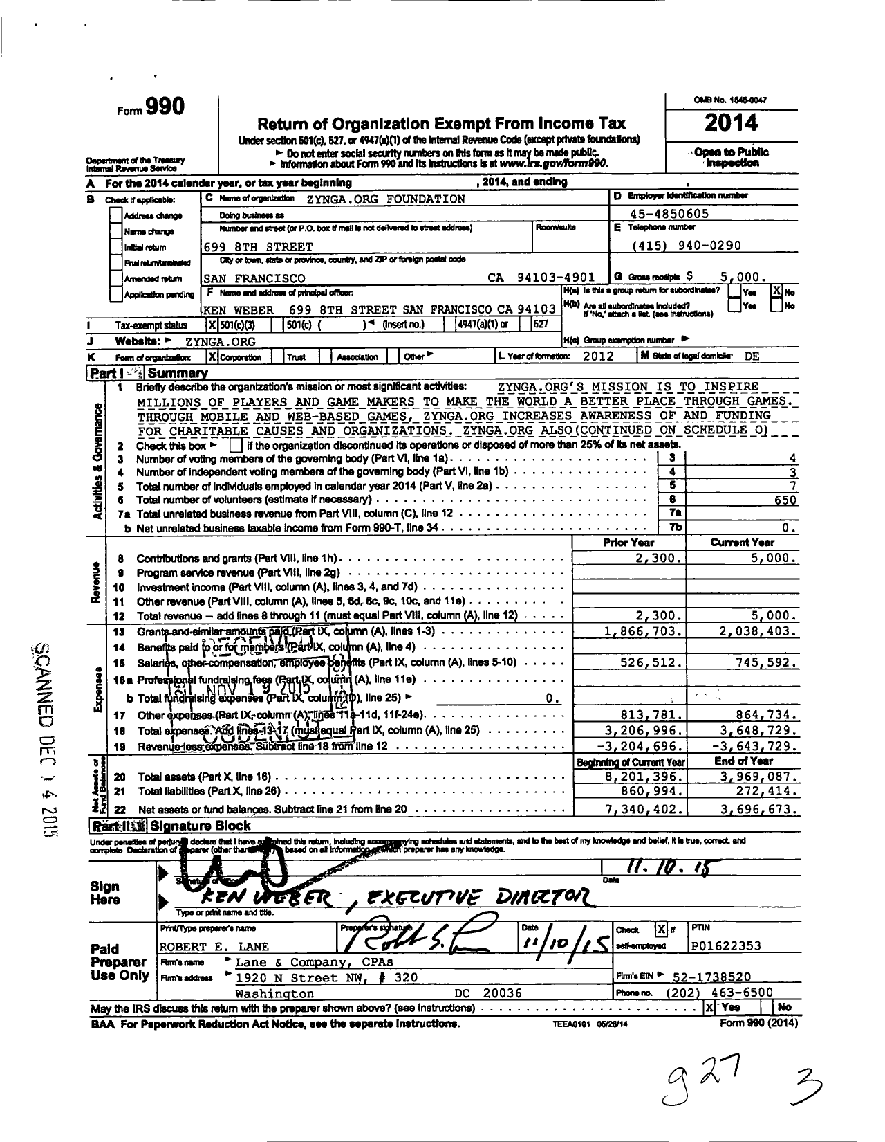 Image of first page of 2014 Form 990 for Zynga Org Foundation