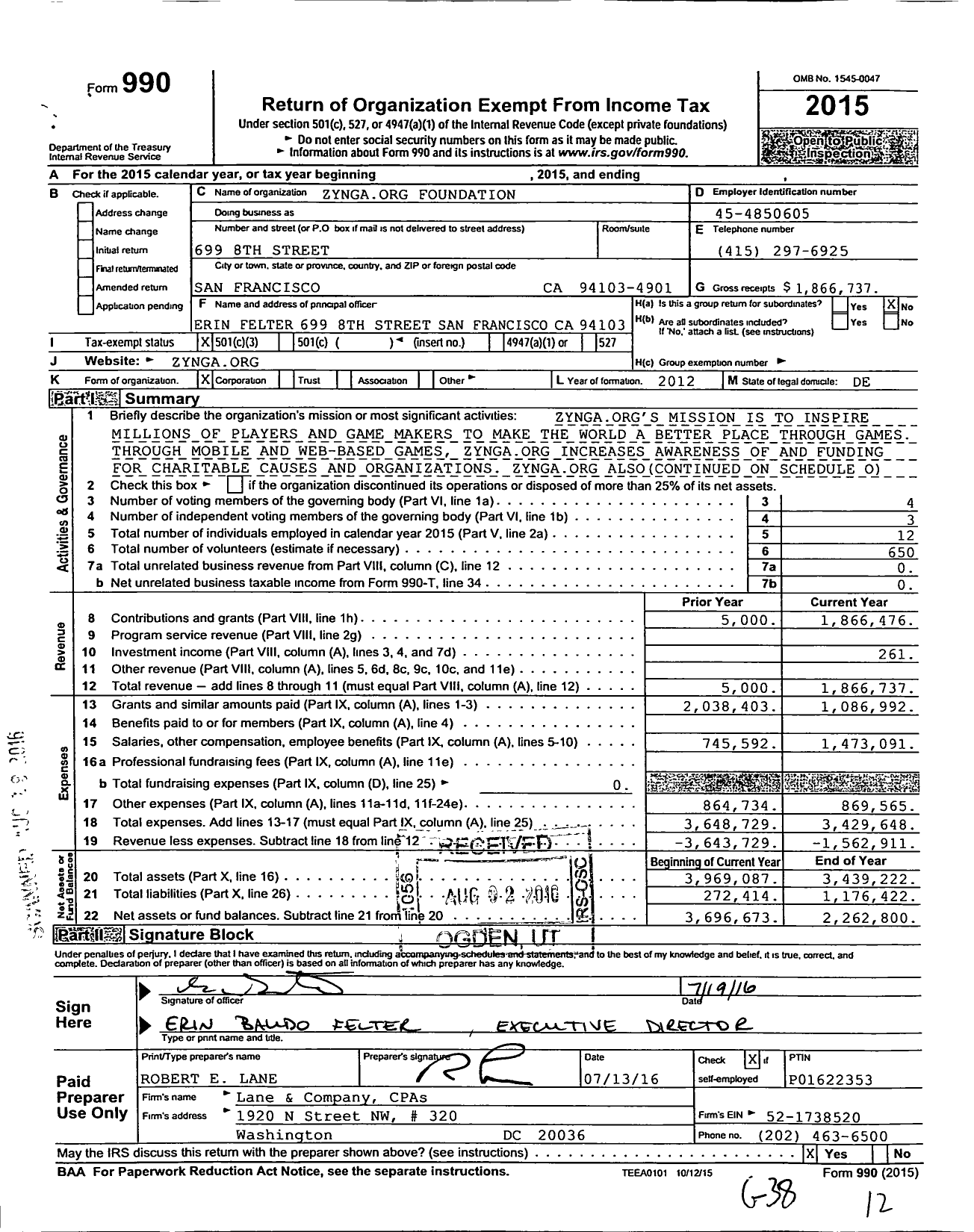 Image of first page of 2015 Form 990 for Zynga Org Foundation