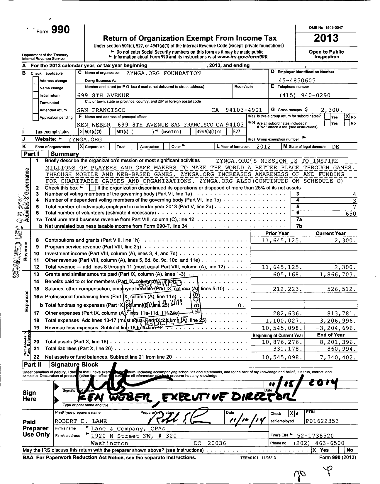 Image of first page of 2013 Form 990 for Zynga Org Foundation