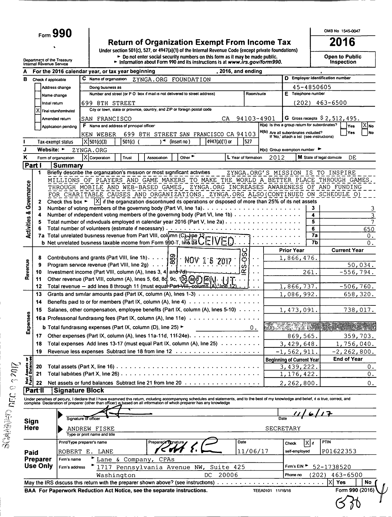 Image of first page of 2016 Form 990 for Zynga Org Foundation