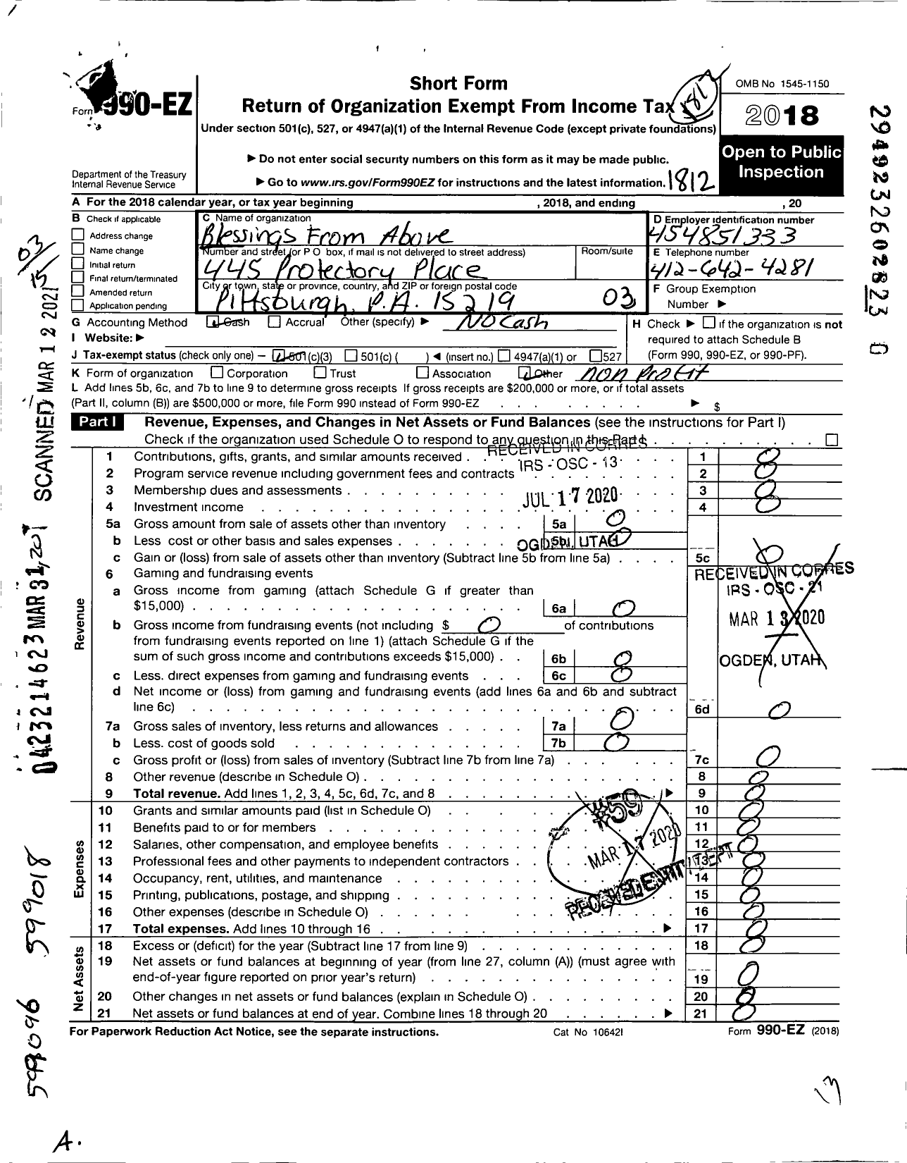 Image of first page of 2018 Form 990EZ for Blessings From Above