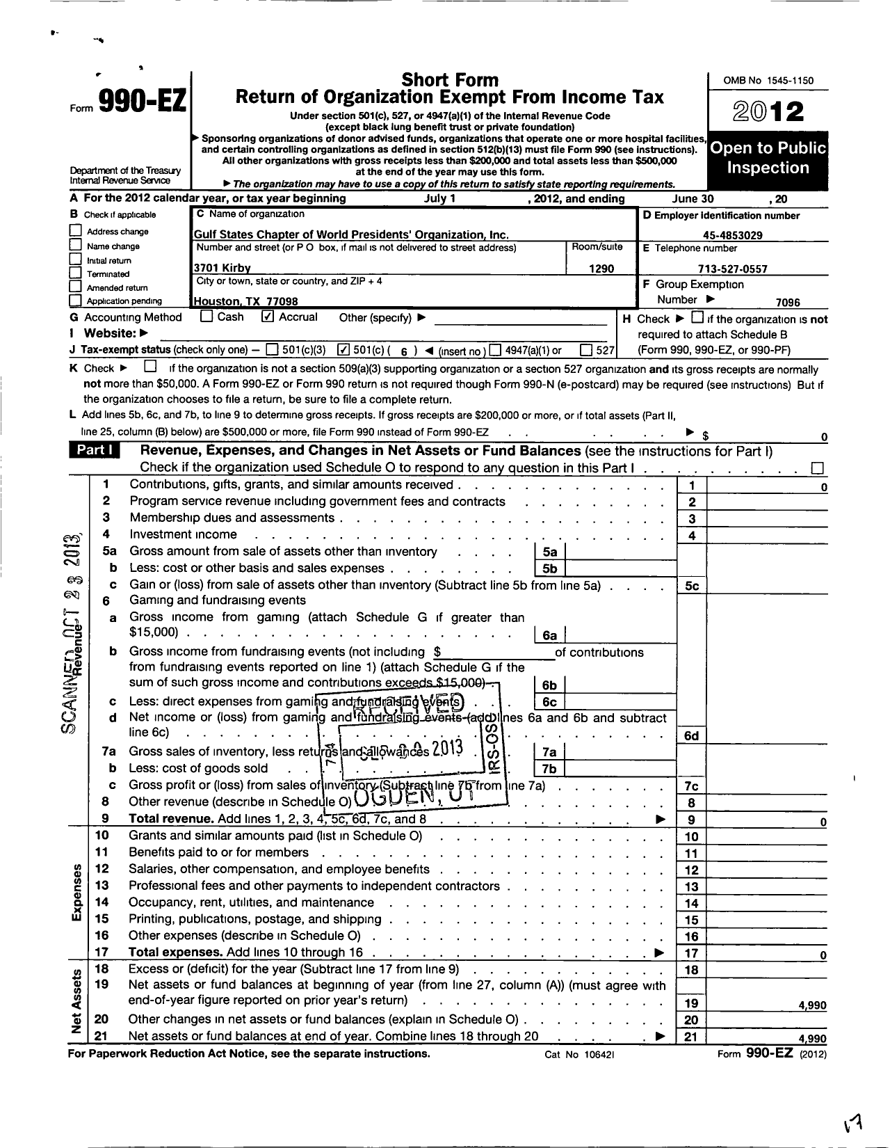 Image of first page of 2011 Form 990EO for Young Presidents' Organization - YPO Gold Gulf States Chapter