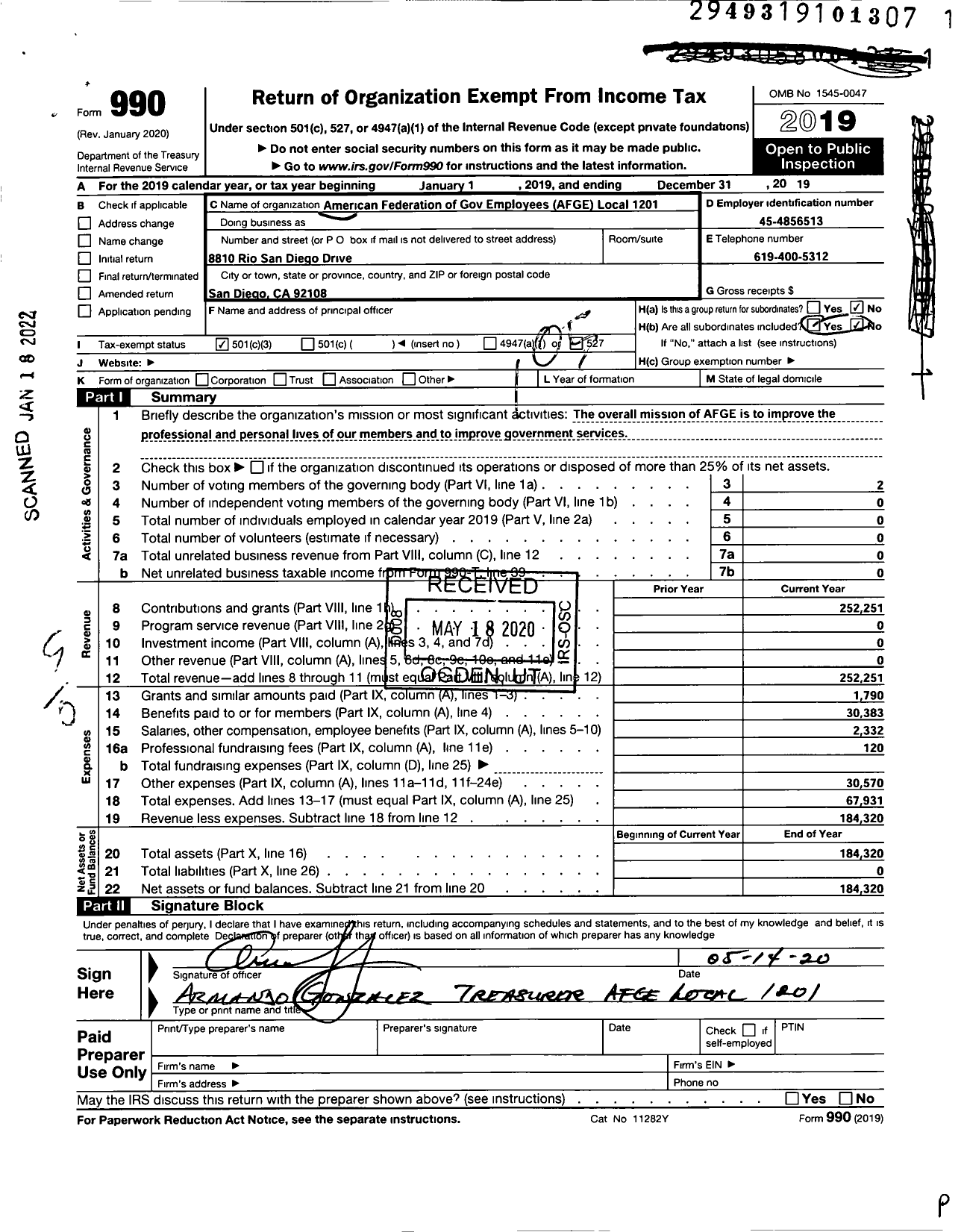 Image of first page of 2019 Form 990O for American Federation of Government Employees - Afge Local 1201