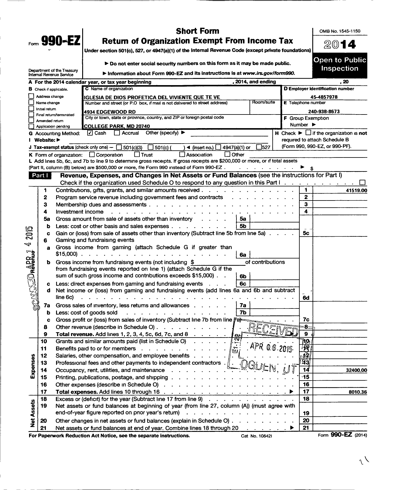 Image of first page of 2014 Form 990EO for Iglesia de Dios Profetica Del Viviente Que Te Ve