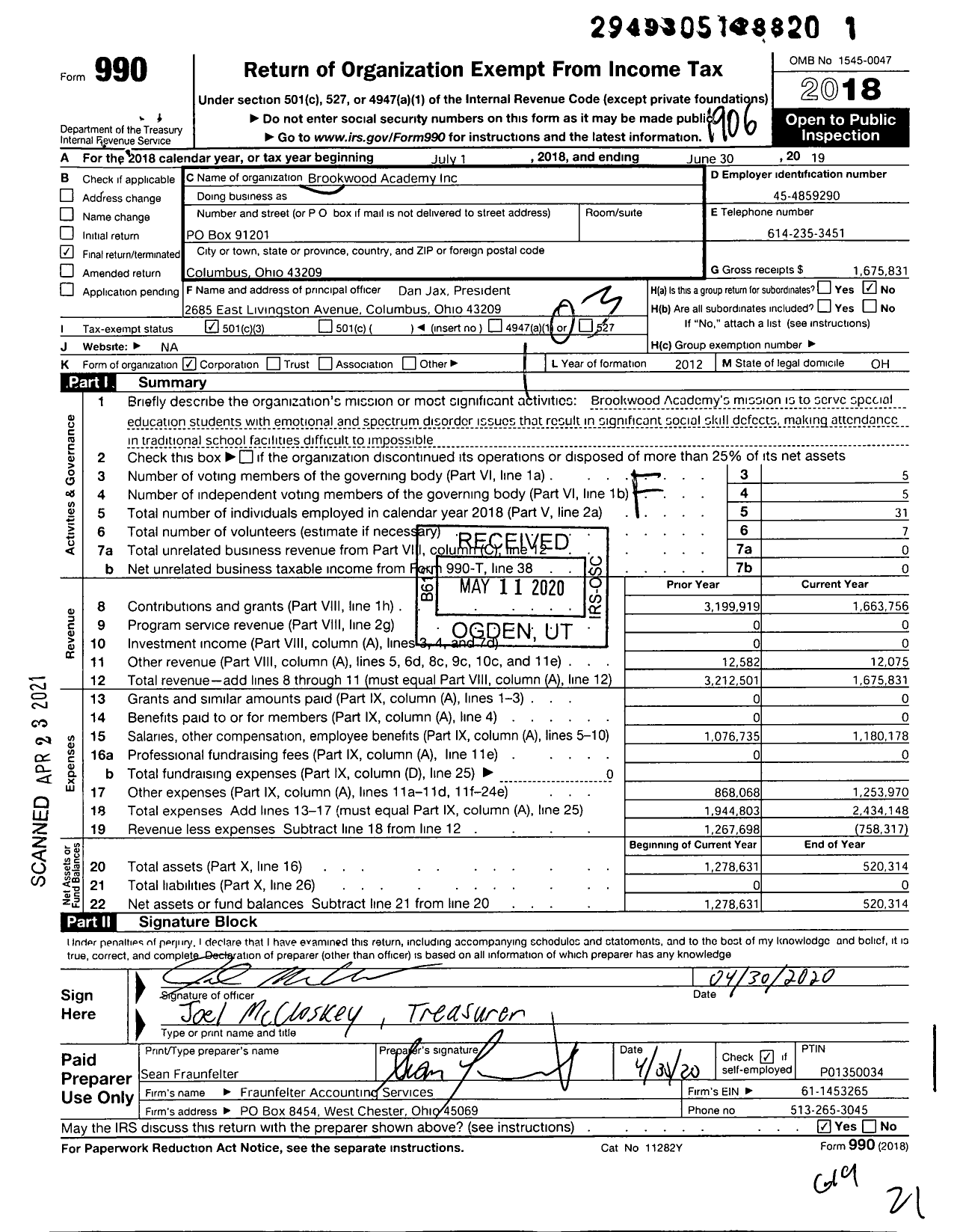 Image of first page of 2018 Form 990 for Brookwood Academy