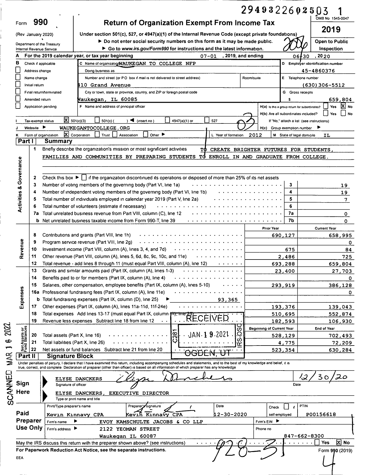 Image of first page of 2019 Form 990 for Waukegan To College NFP