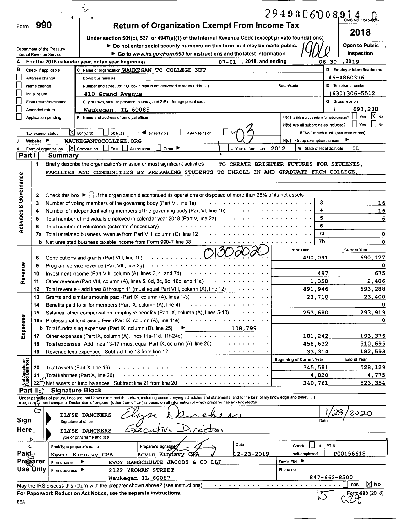 Image of first page of 2018 Form 990 for Waukegan To College NFP