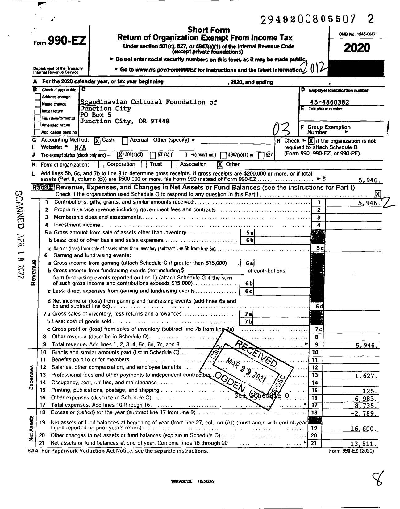 Image of first page of 2020 Form 990EZ for Scandinavian Cultural Foundation of Junction City