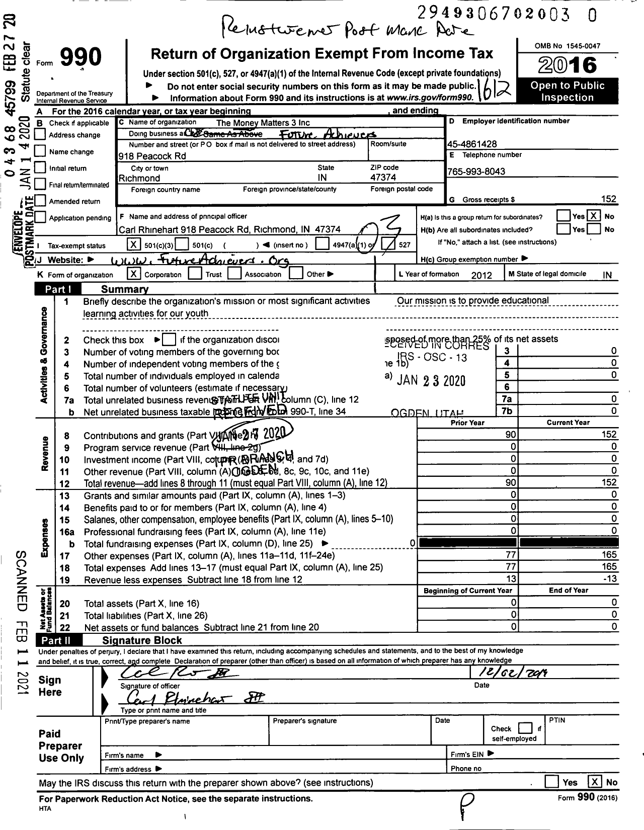 Image of first page of 2016 Form 990 for MONEY Matters 3