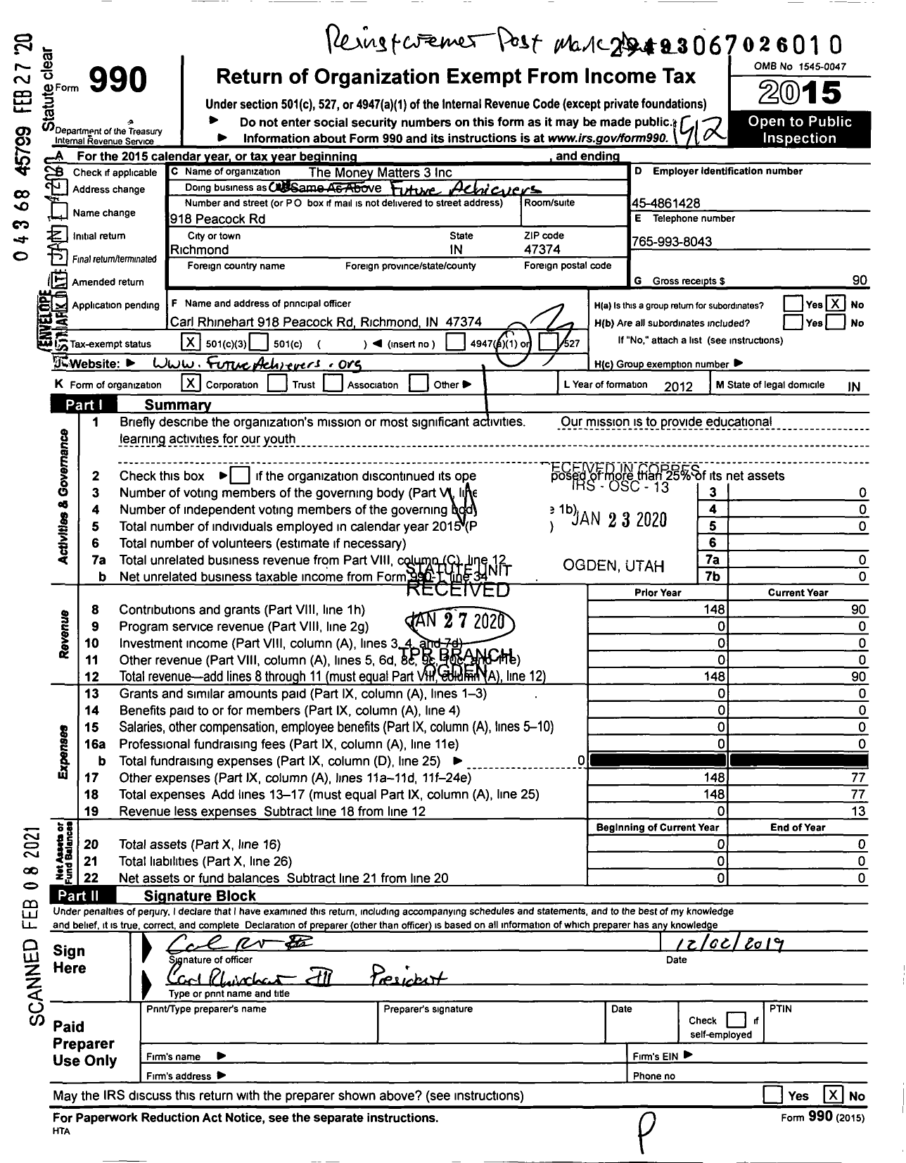 Image of first page of 2015 Form 990 for MONEY Matters 3