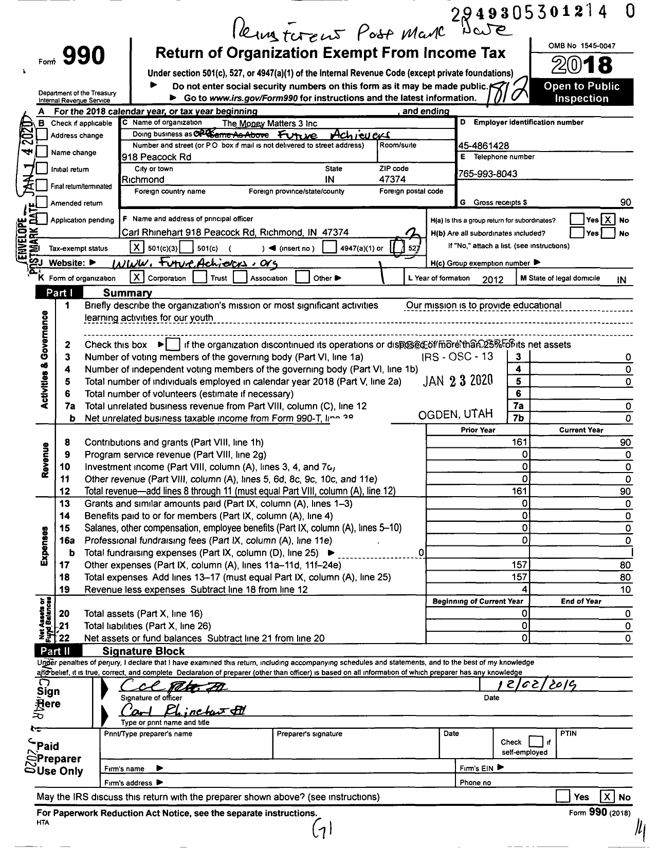 Image of first page of 2018 Form 990 for MONEY Matters 3