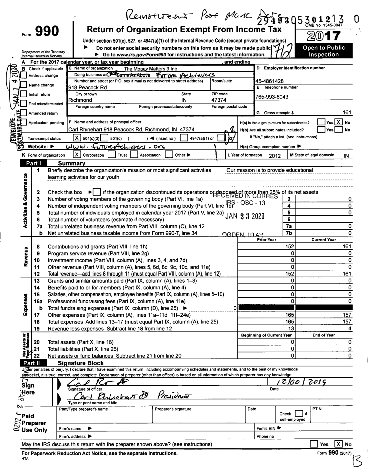 Image of first page of 2017 Form 990 for MONEY Matters 3