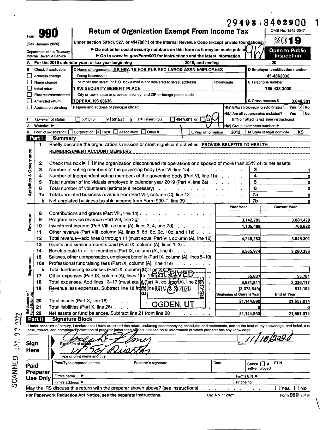 Image of first page of 2019 Form 990O for SB Hra TR for Pub Sec Labor Association Employees