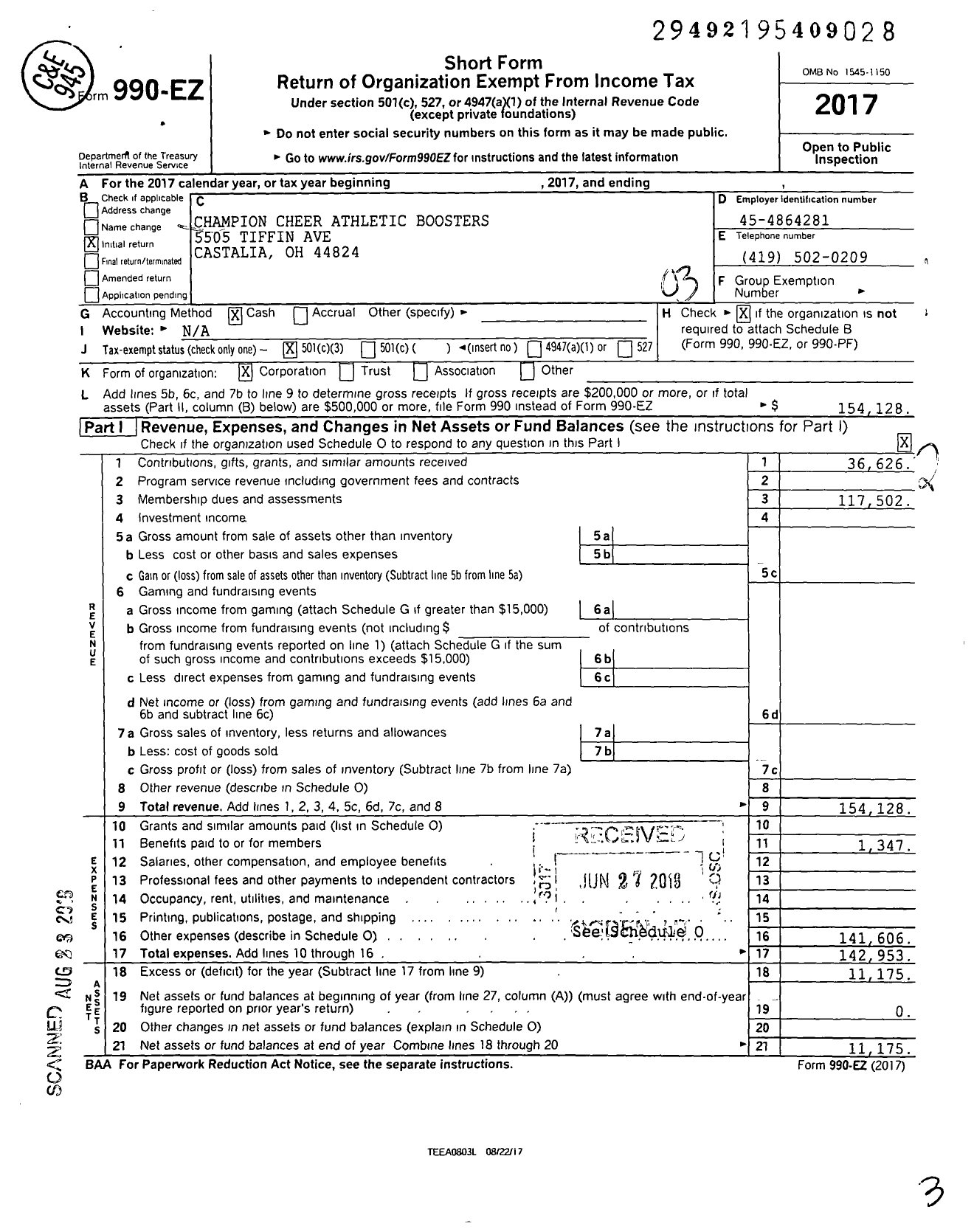 Image of first page of 2017 Form 990EZ for Champion Cheer Athletic Boosters