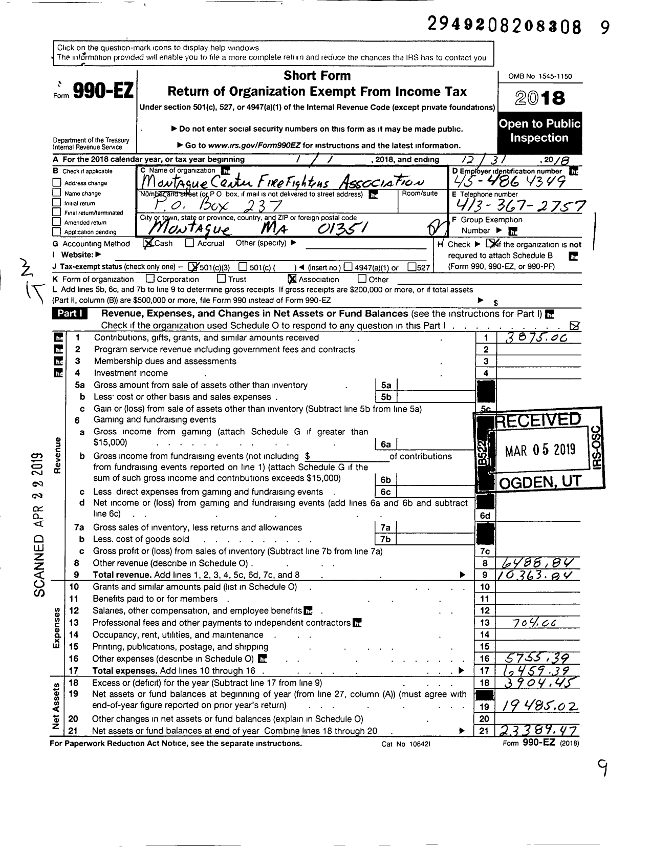 Image of first page of 2018 Form 990EZ for Montague Center Firefighters Association