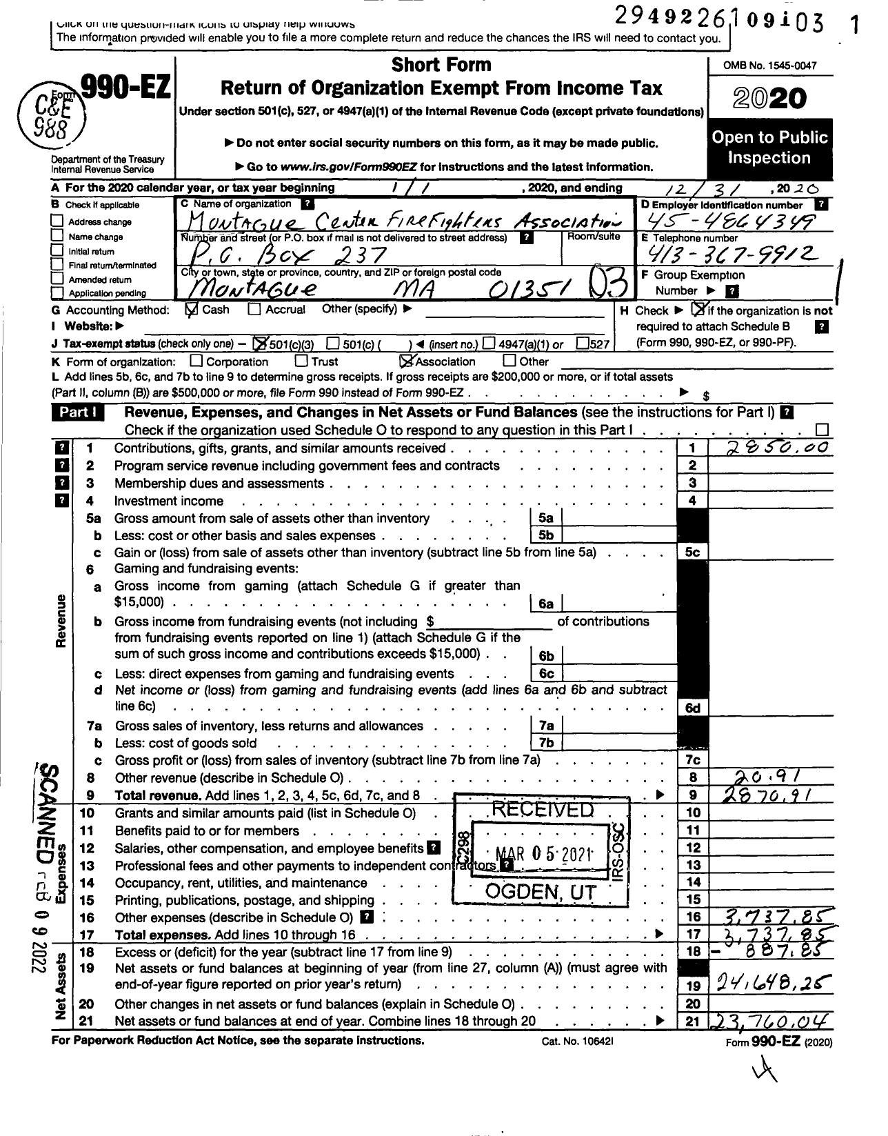 Image of first page of 2020 Form 990EZ for Montague Center Firefighters Association