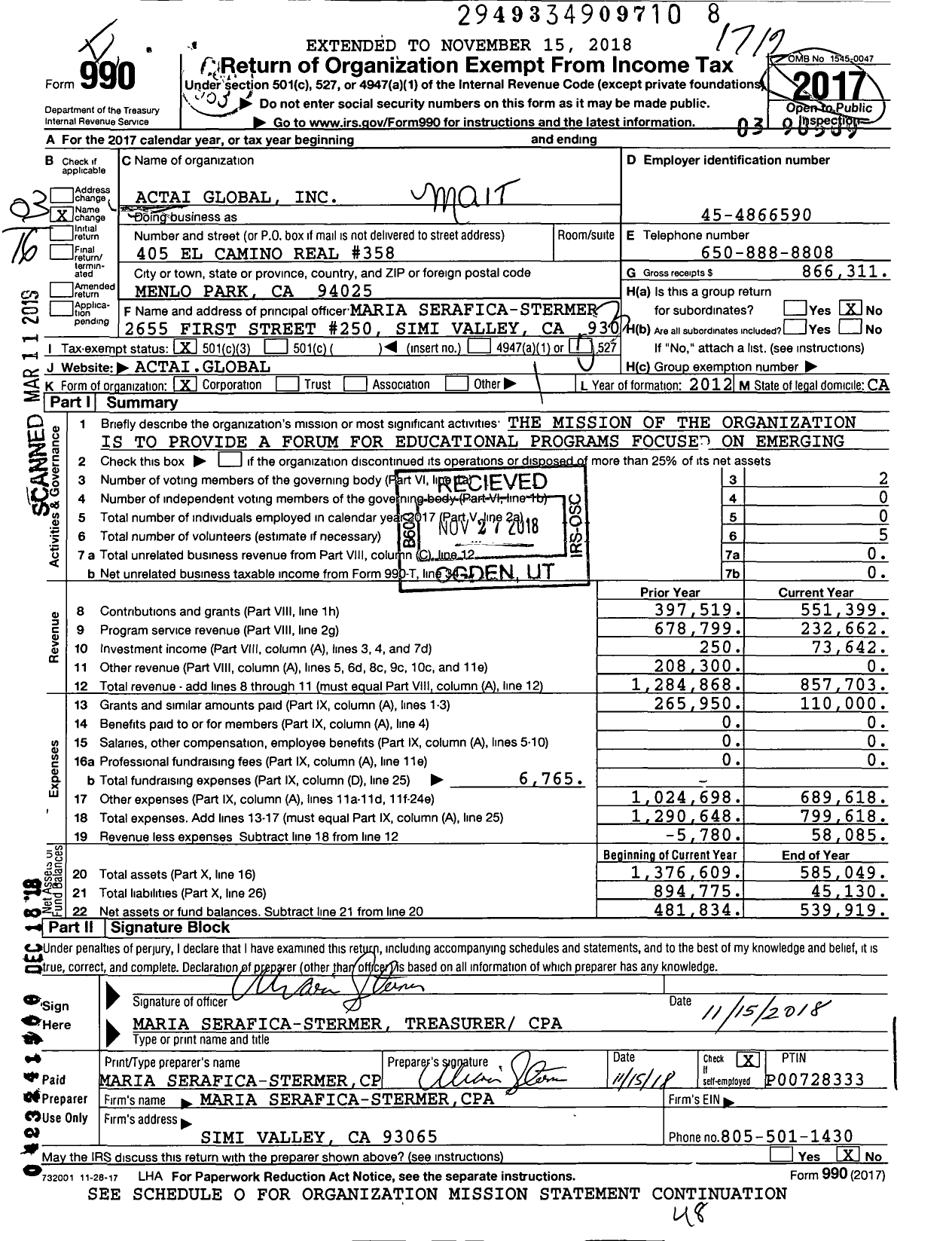 Image of first page of 2017 Form 990 for Actai Global